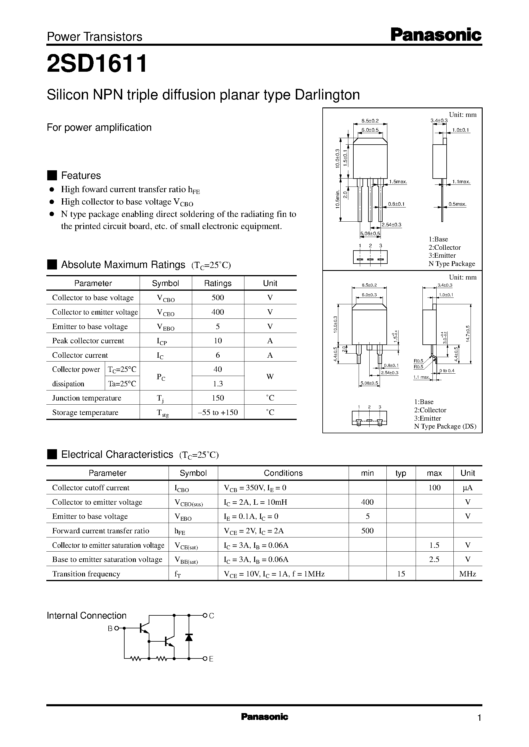 Datasheet 2SD1611 - Silicon NPN triple diffusion planar type Darlington(For power amplification) page 1