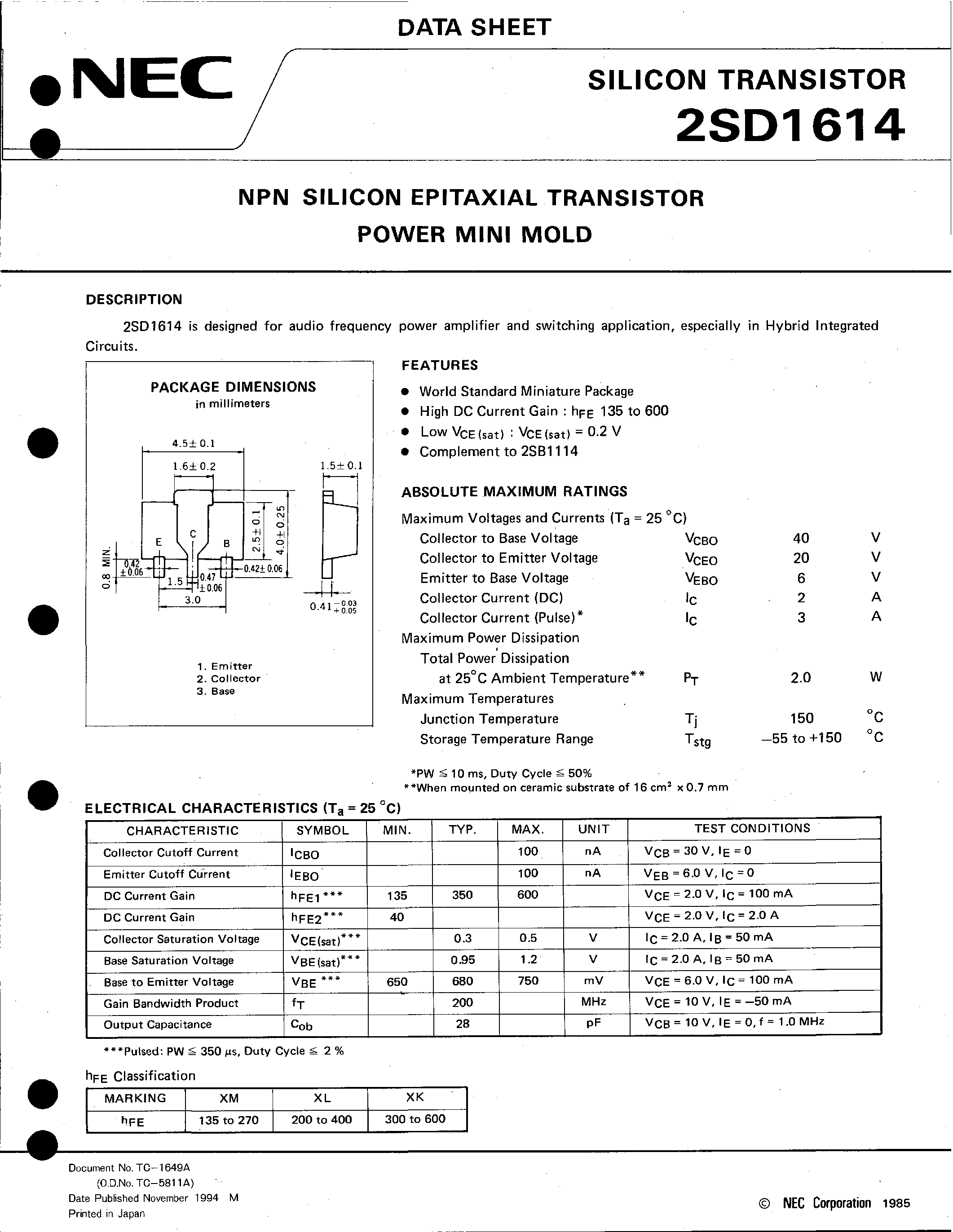 Datasheet 2SD1614 - NPN SILICON EPITAXIAL TRANSISTOR POWER MINI MOLD page 1