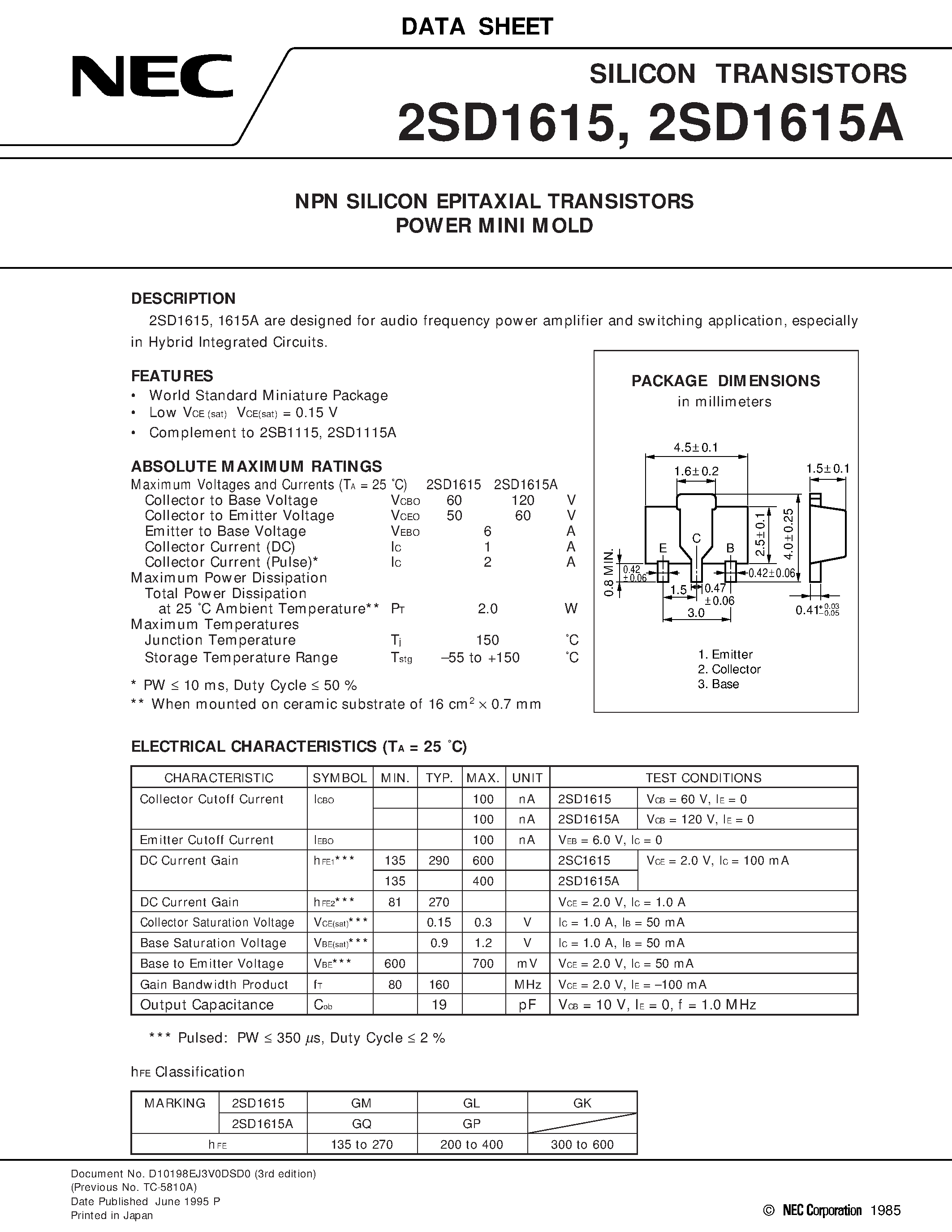 Datasheet 2SD1615 - NPN SILICON EPITAXIAL TRANSISTORS POWER MINI MOLD page 1