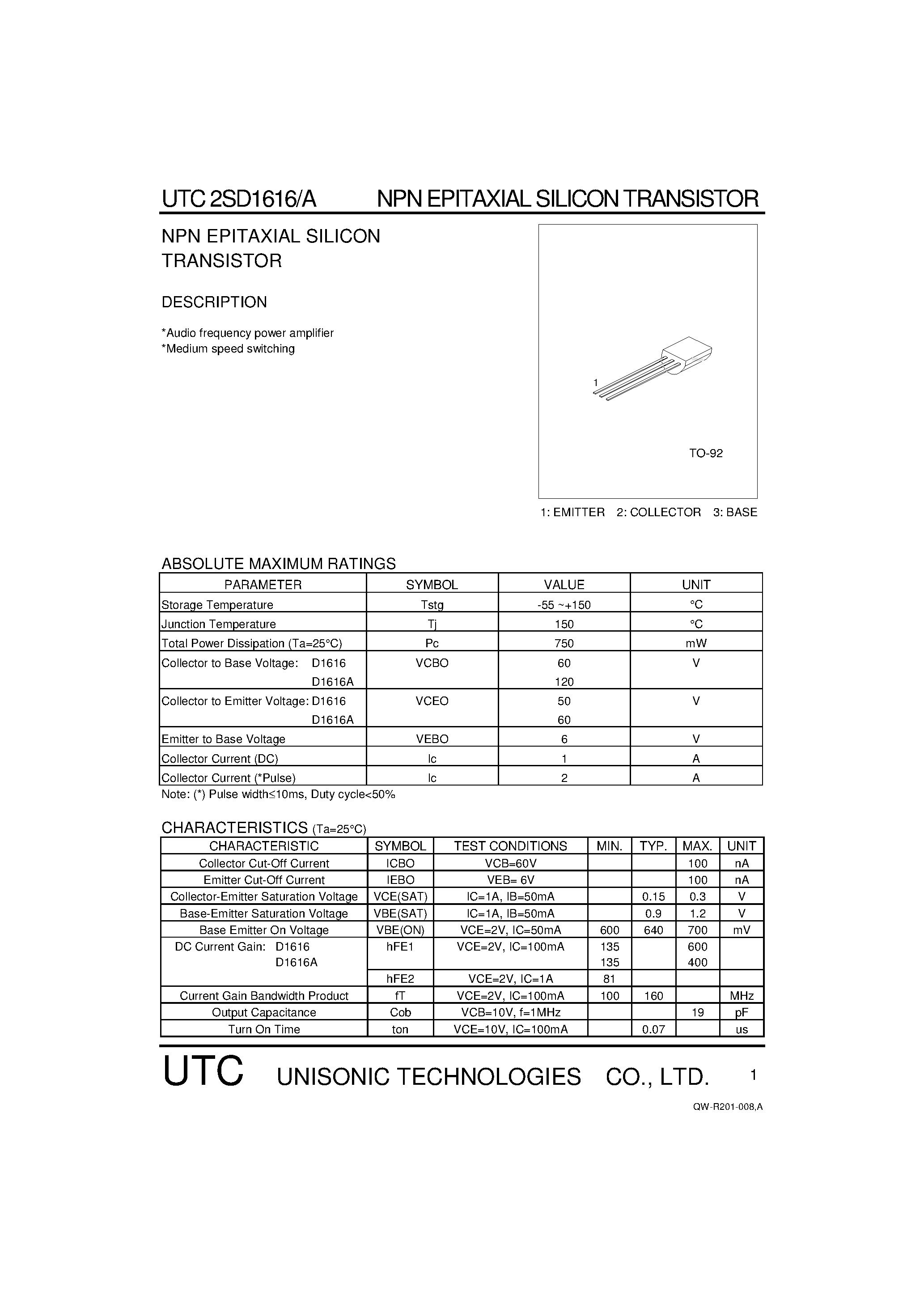 Datasheet 2SD1616 - NPN EPITAXIAL SILICON TRANSISTOR page 1