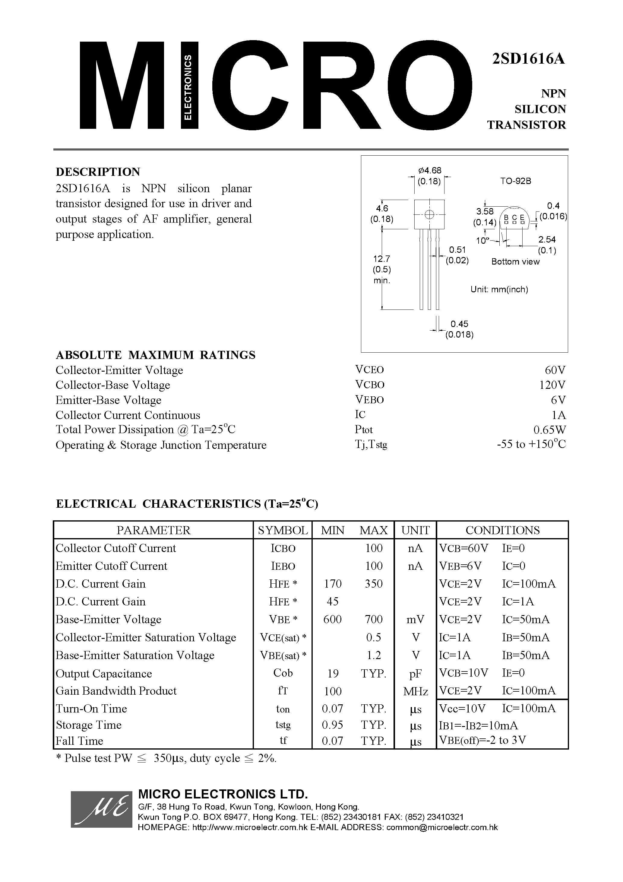 Datasheet 2SD1616A - NPN SILICON TRANSISTOR page 1