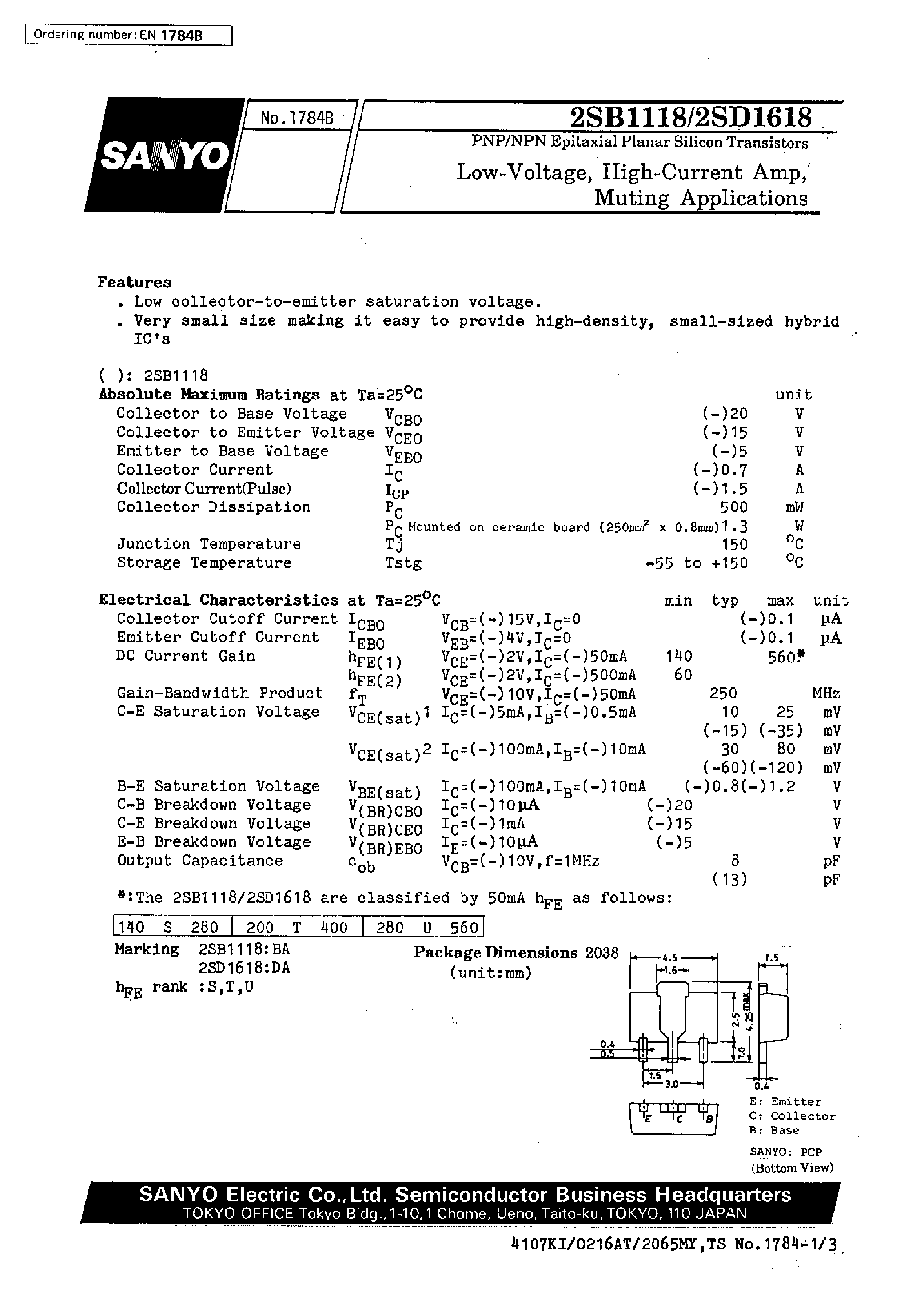 Datasheet 2SD1618 page 1 Datasheet 2SD1618 - Low-Voltage/ High-Current Amp/ Muting Applications page 1