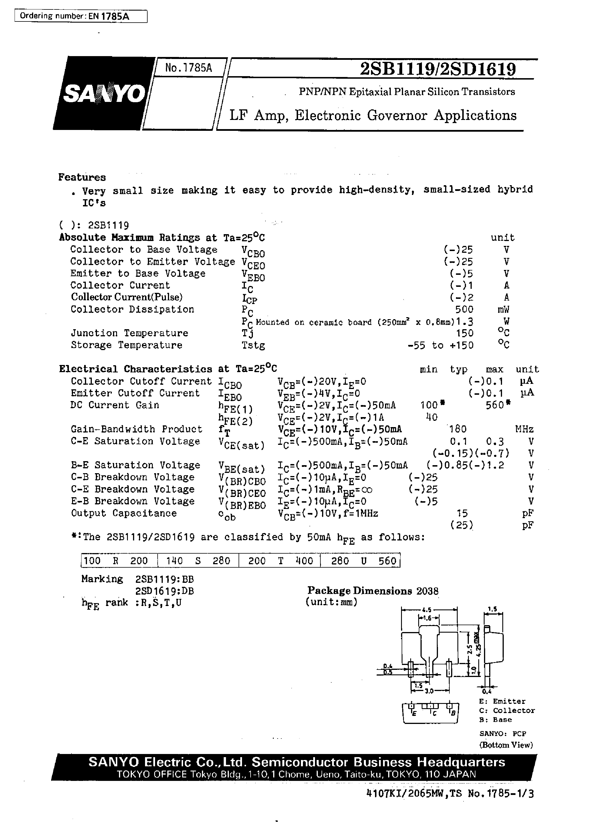 Datasheet 2SD1619 - LF Amp/Electronic Governor Applications page 1