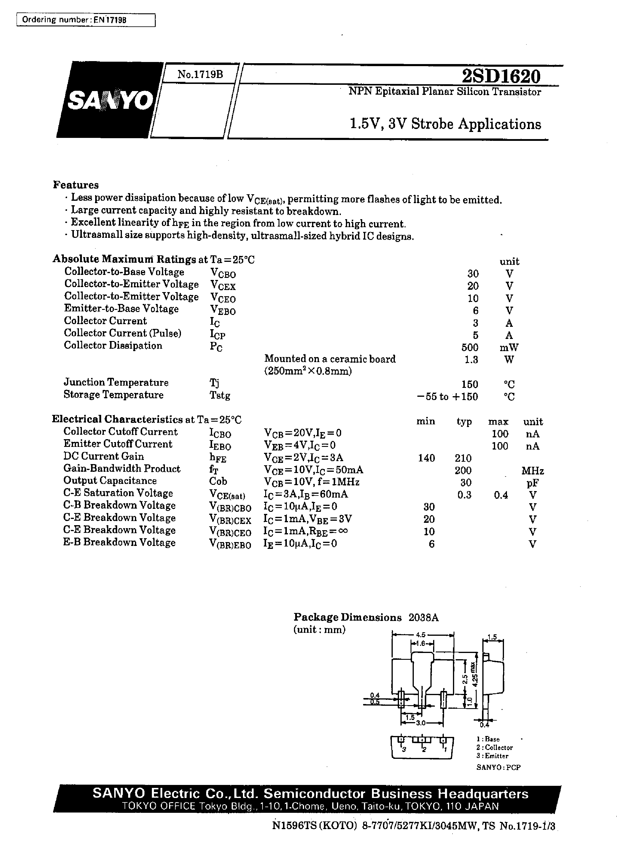 Datasheet 2SD1620 - 1.5V/3V Strobe Applications page 1