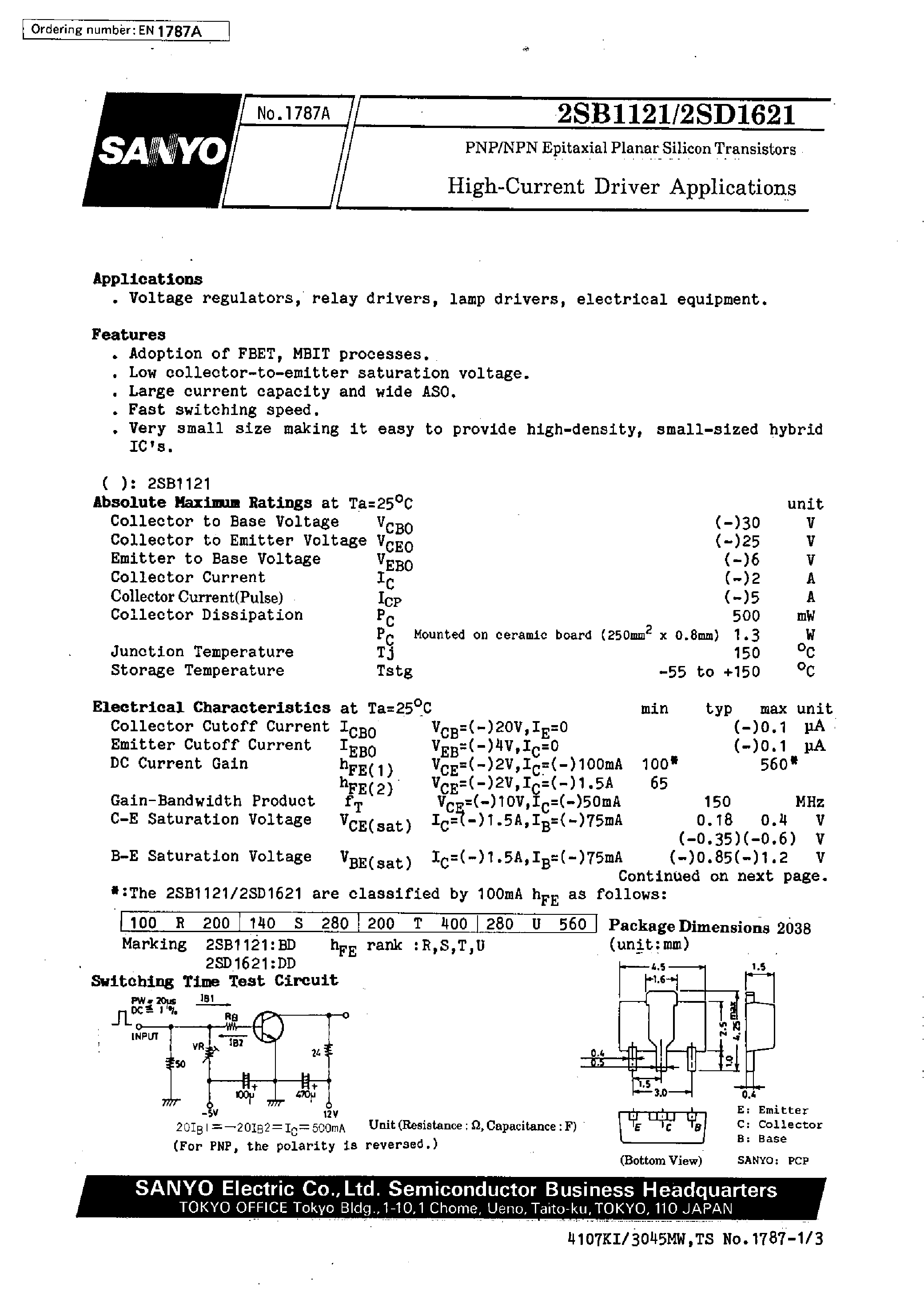 Datasheet 2SD1621 page 1 Datasheet 2SD1621 - High-Current Driver Applications page 1