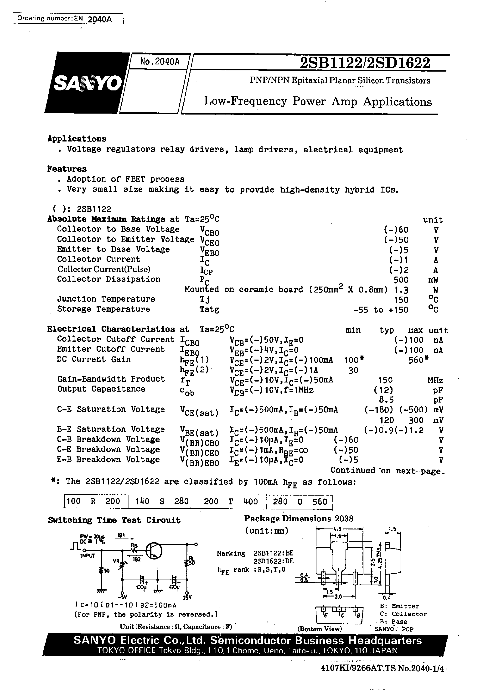 Datasheet 2SD1622 - Low-Frequency Power Amp Applications page 1