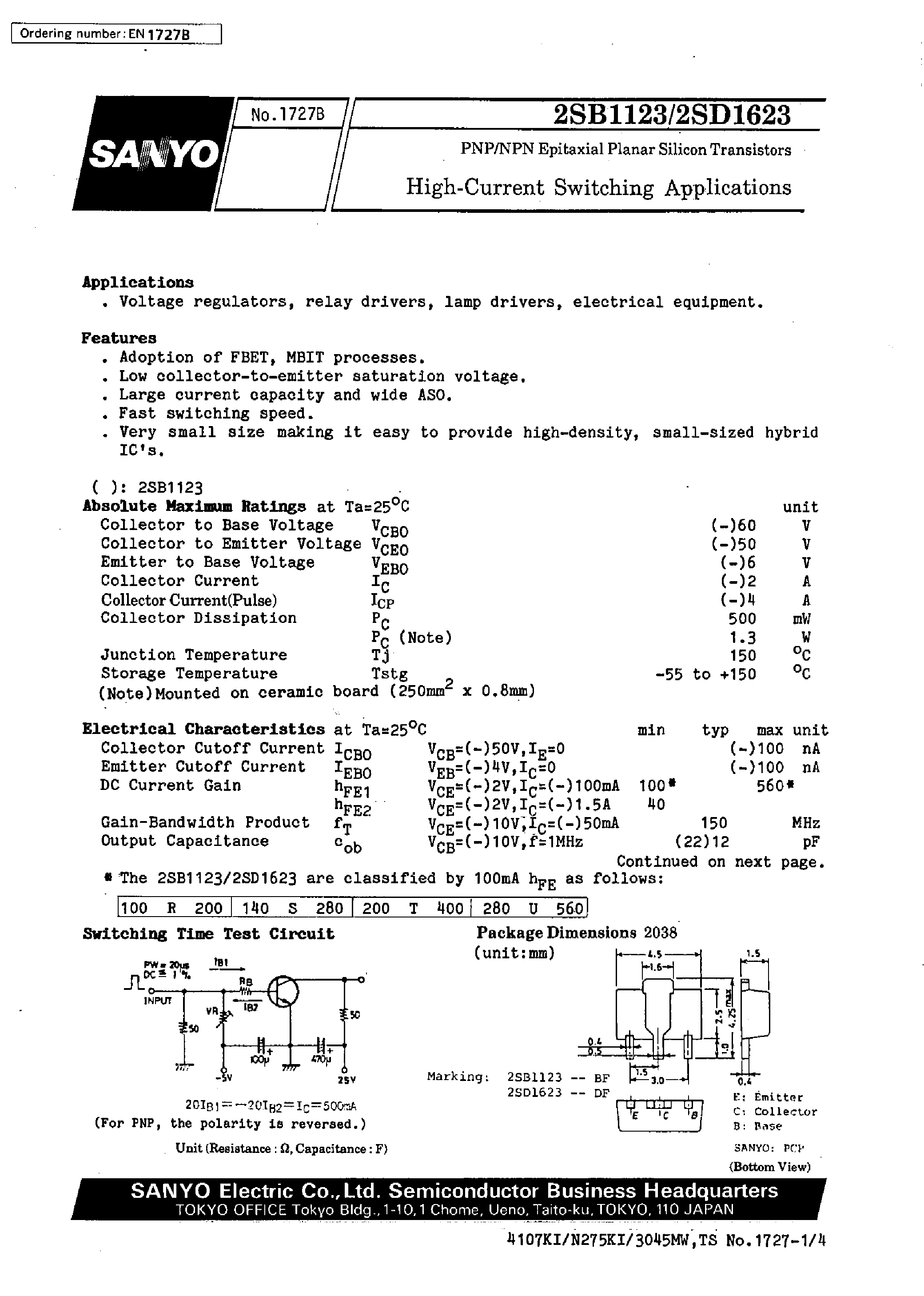 Datasheet 2SD1623 page 1 Datasheet 2SD1623 - High-Current Switching Applications page 1
