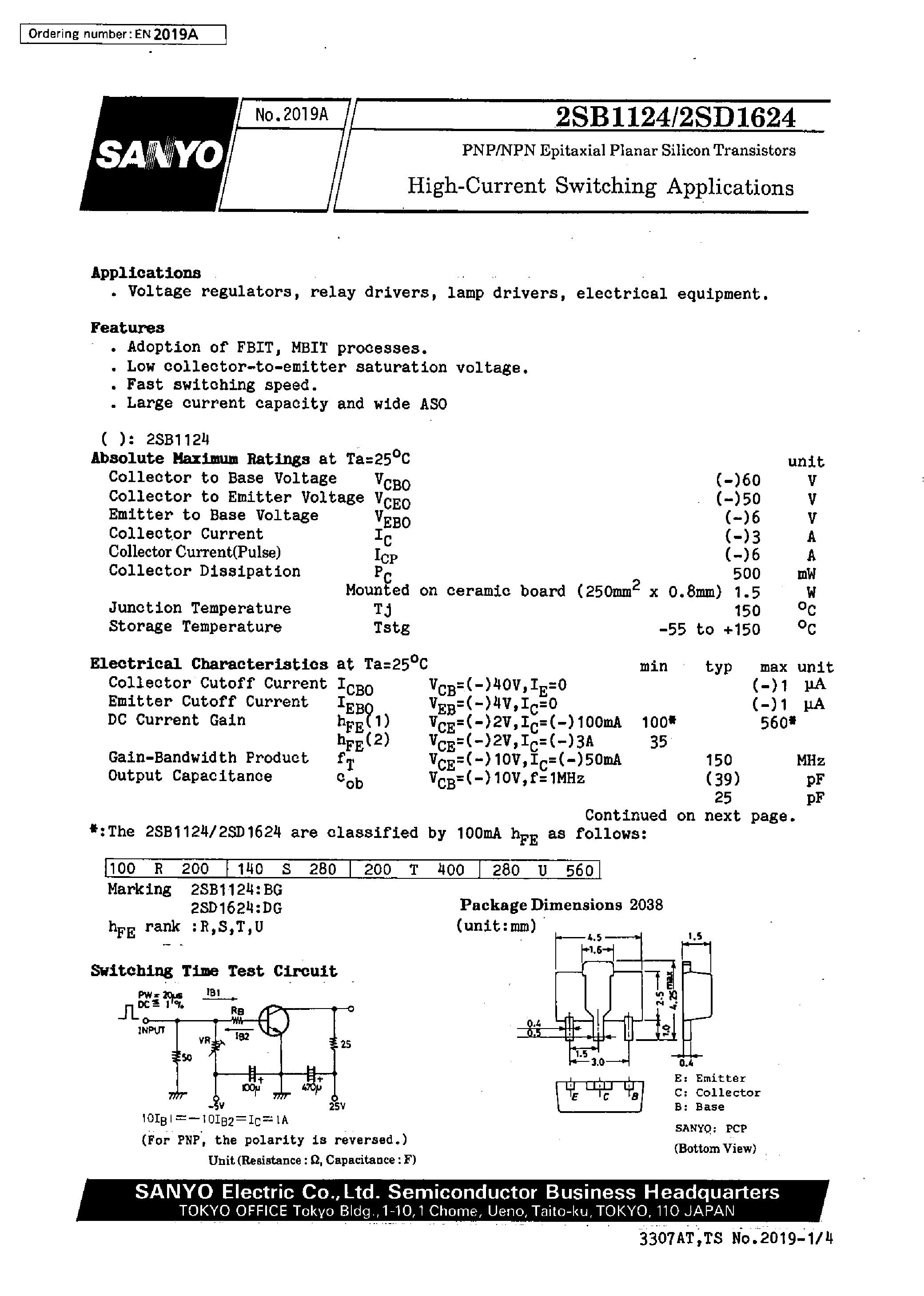 Datasheet 2SD1624 page 1 Datasheet 2SD1624 - High-Current Switching Applications page 1