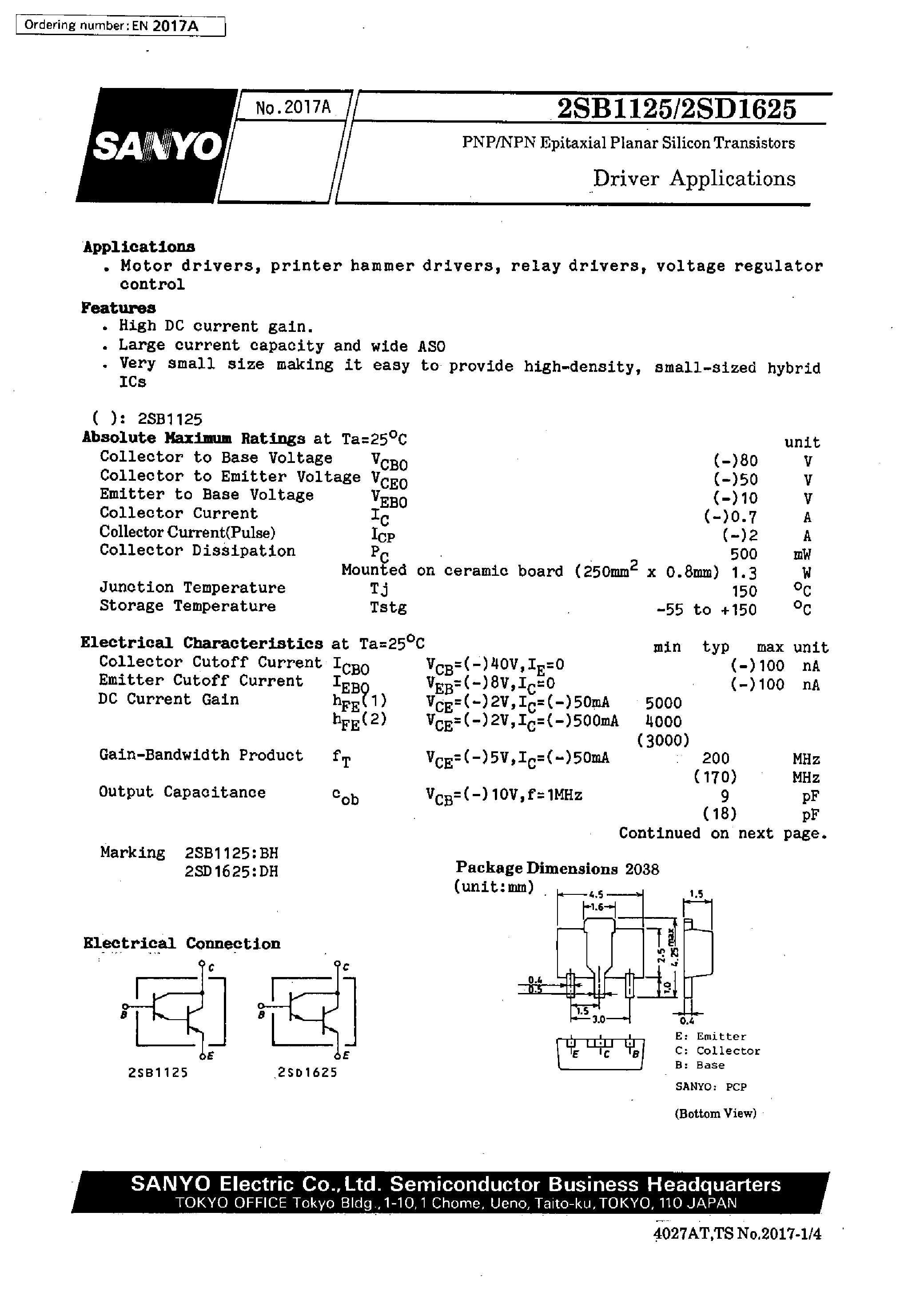 Datasheet 2SD1625 - Driver Applications page 1