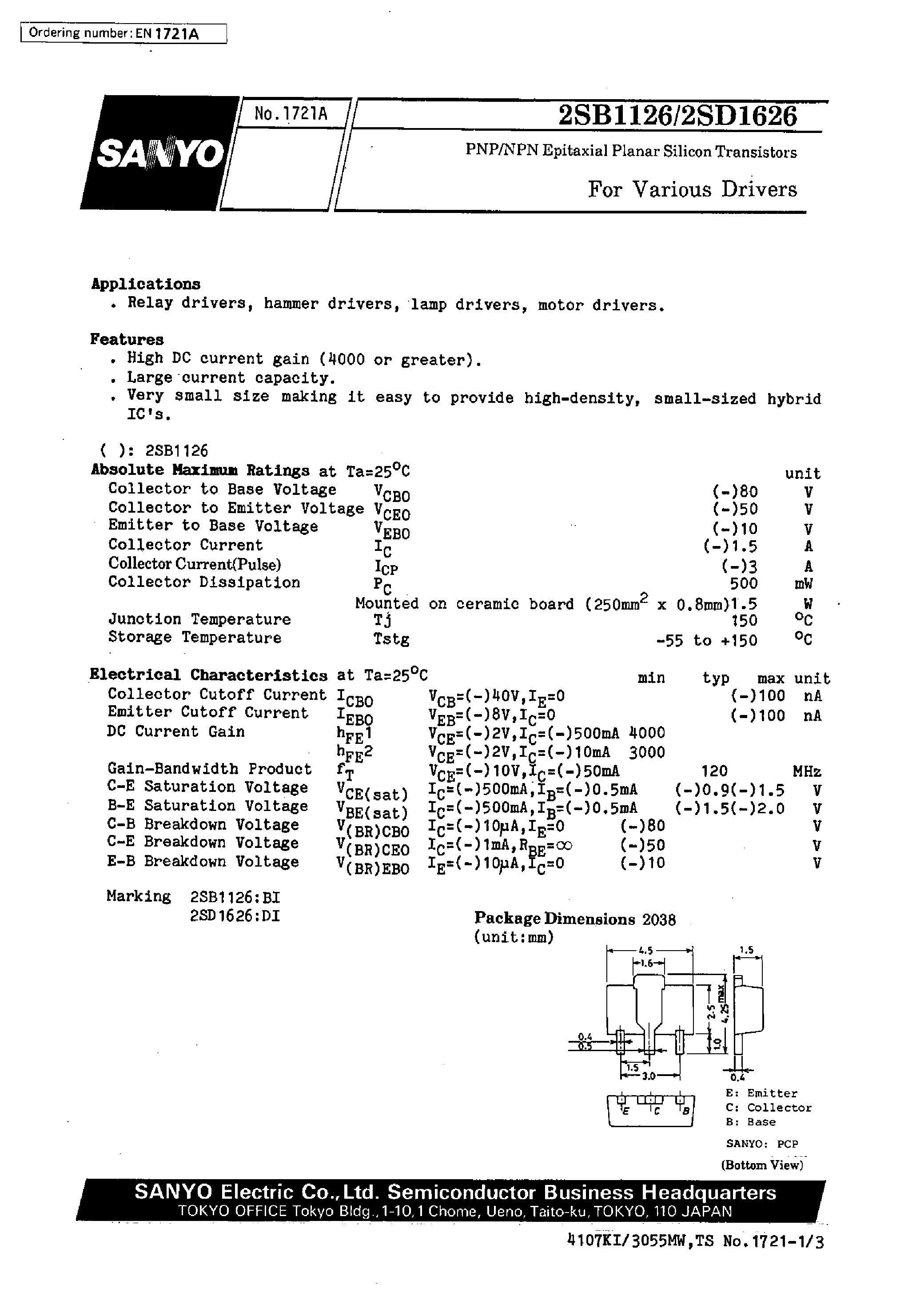 Datasheet 2SD1626 page 1 Datasheet 2SD1626 - For Various Drivers page 1