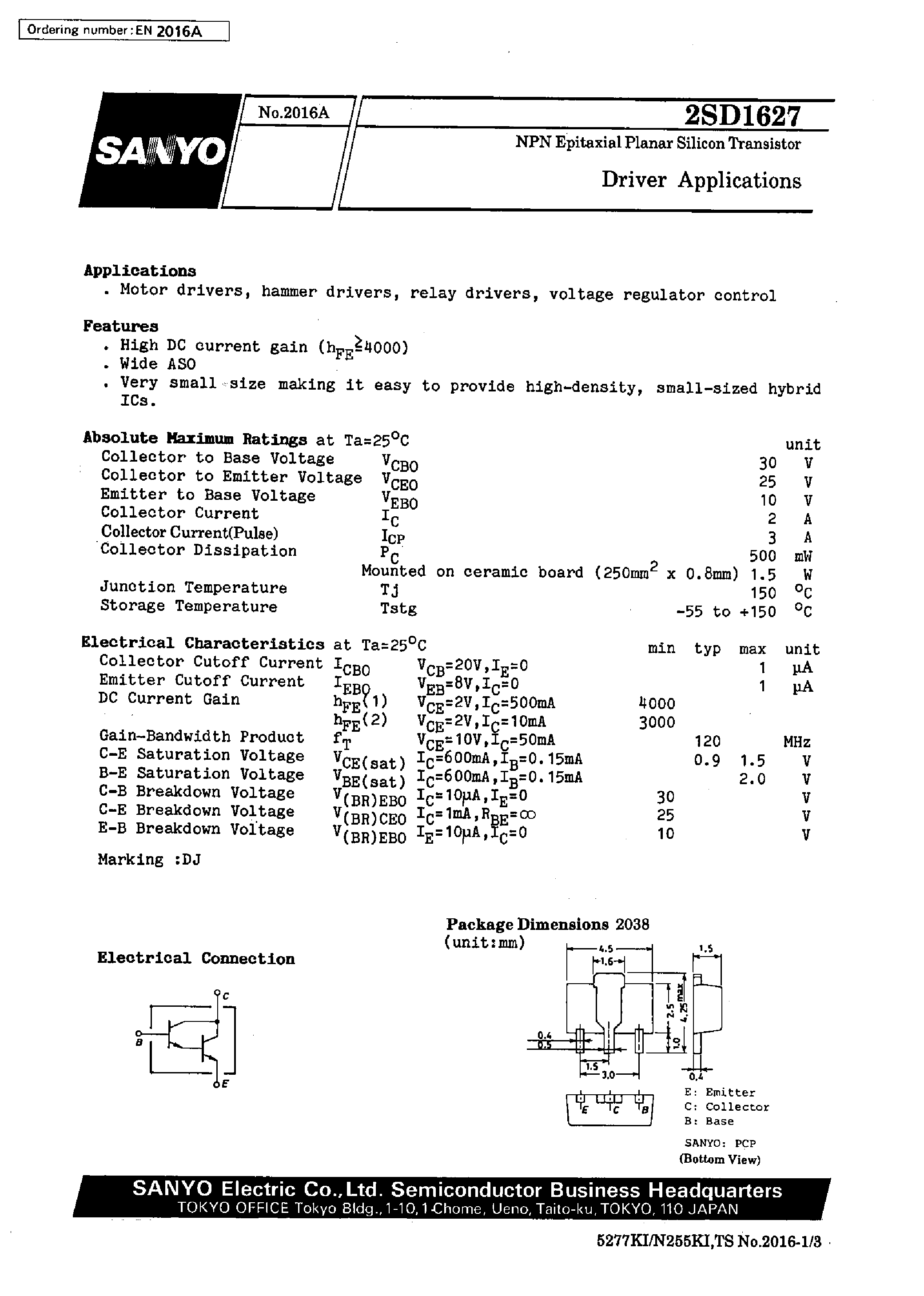 Datasheet 2SD1627 page 1 Datasheet 2SD1627 - Driver Applications page 1