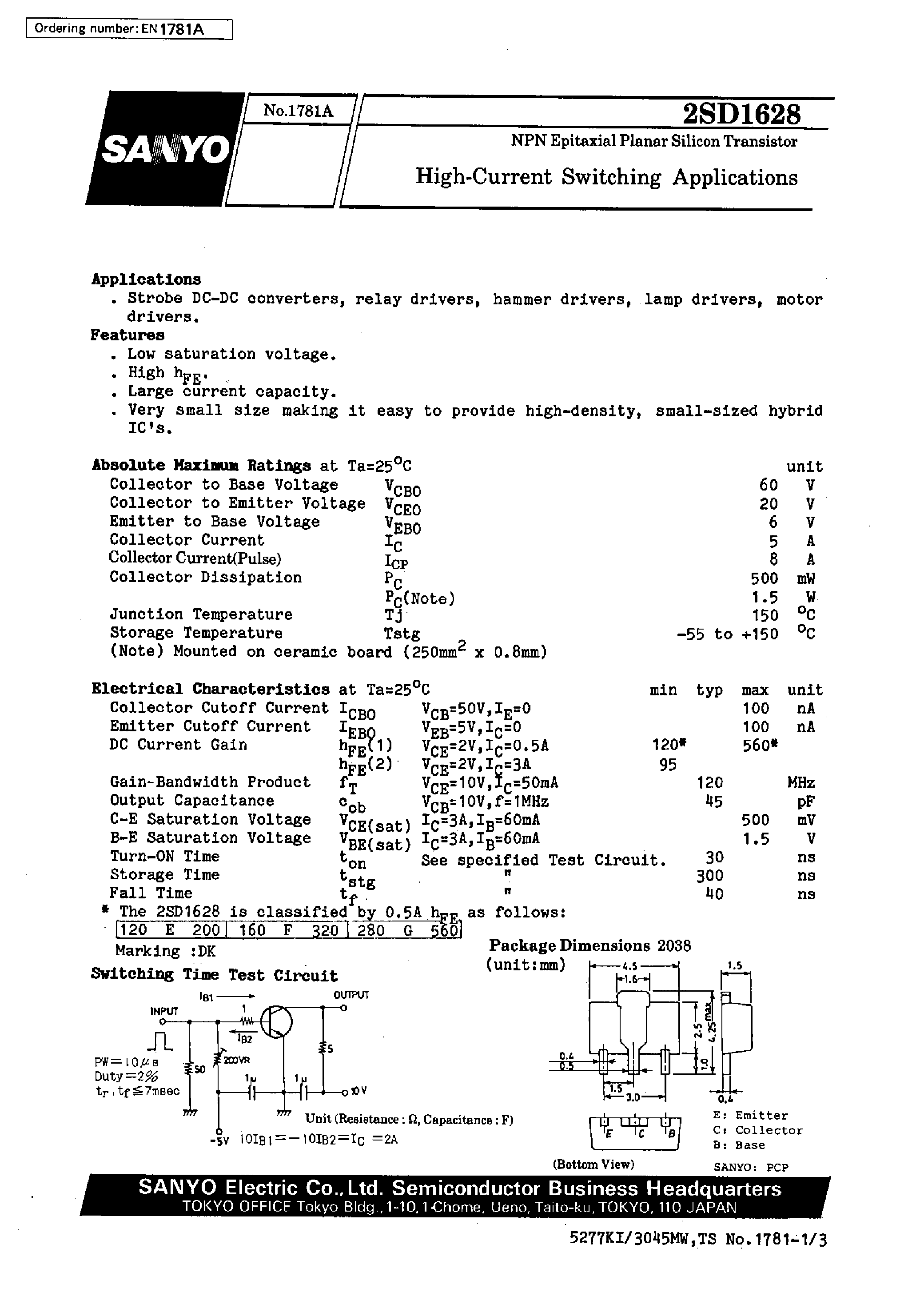 Datasheet 2SD1628 - High-Current Switching Applications page 1