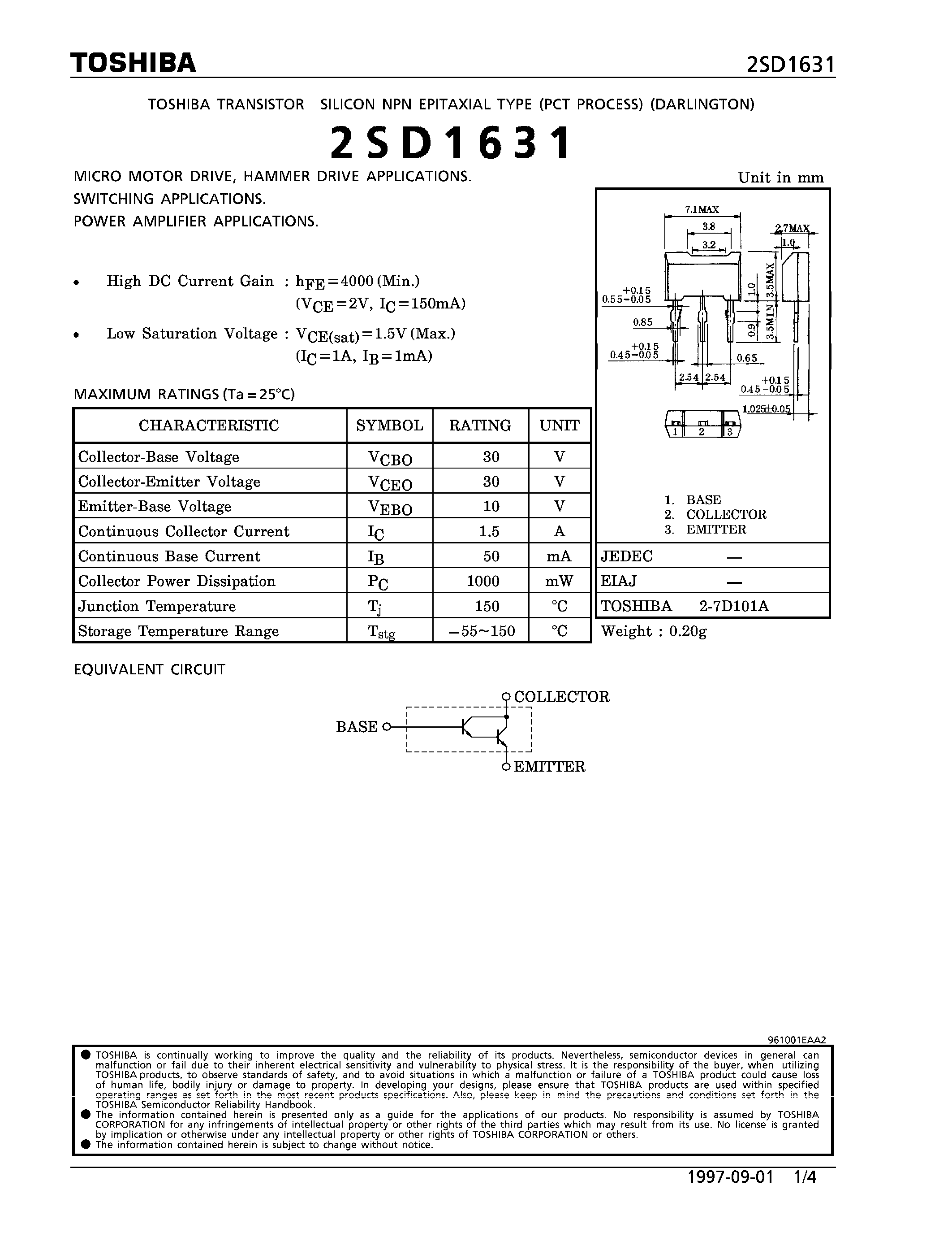 Datasheet 2SD1631 - NPN EPITAXIAL TYPE (MICRO MOTOR DRIVE/ HAMMER DRIVE/ SWITCHING/ POWER AMPLIFIER APPLICATIONS) page 1