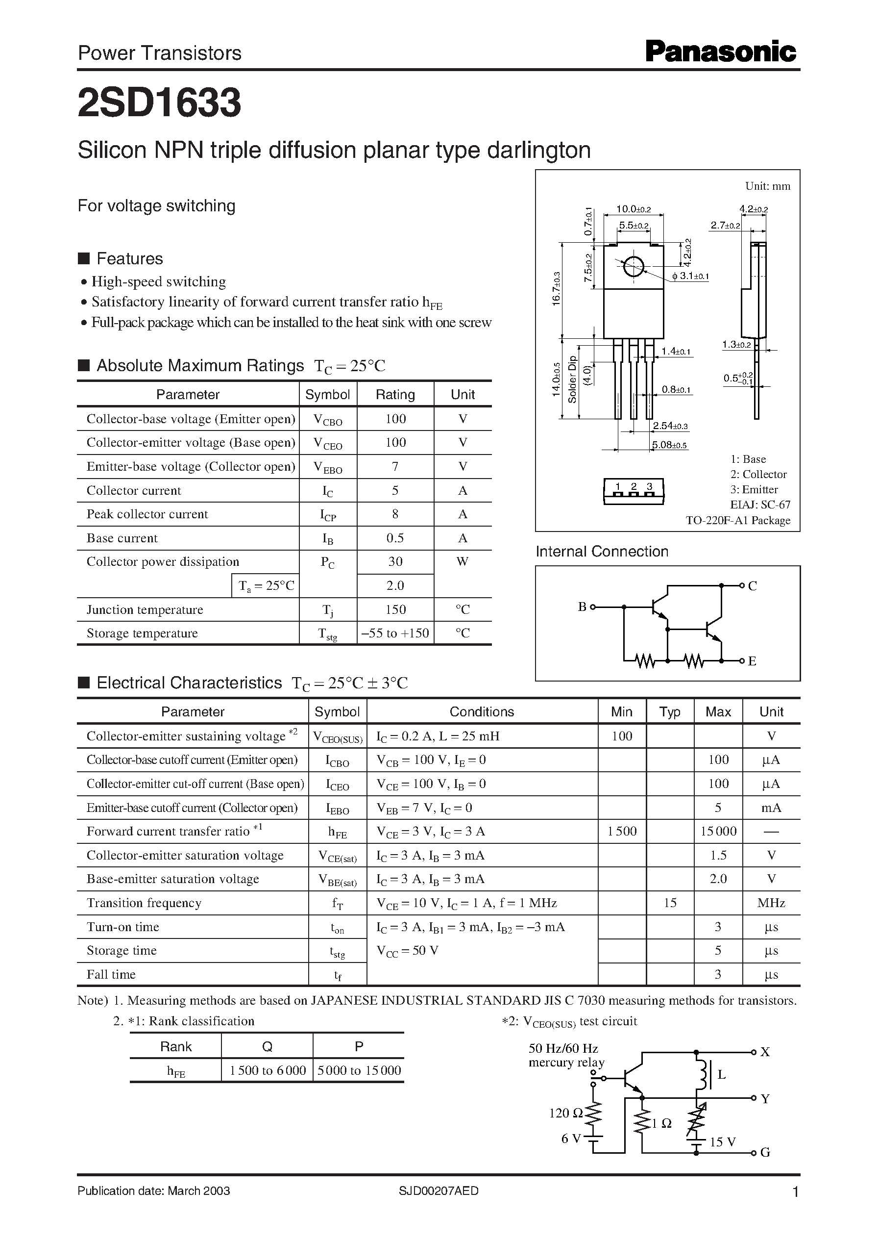 Datasheet 2SD1633 page 1 Datasheet 2SD1633 - Silicon NPN triple diffusion planar type darlington page 1