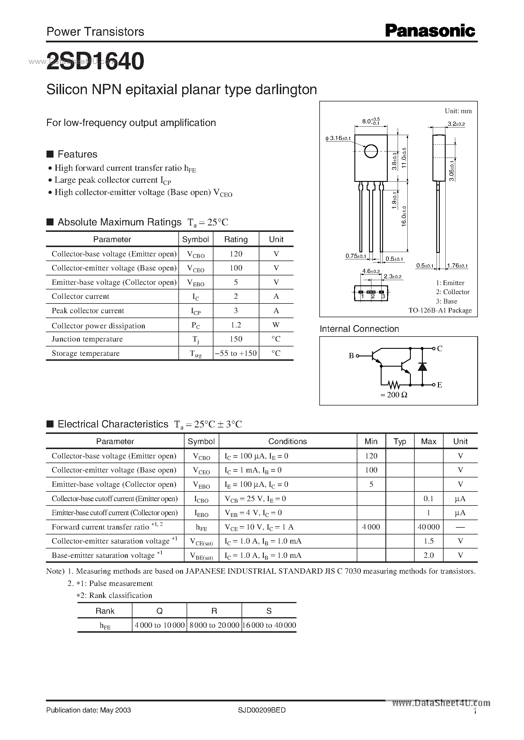 Datasheet 2SD1640 - Silicon NPN epitaxial planar darlington type AF output amplifier page 1