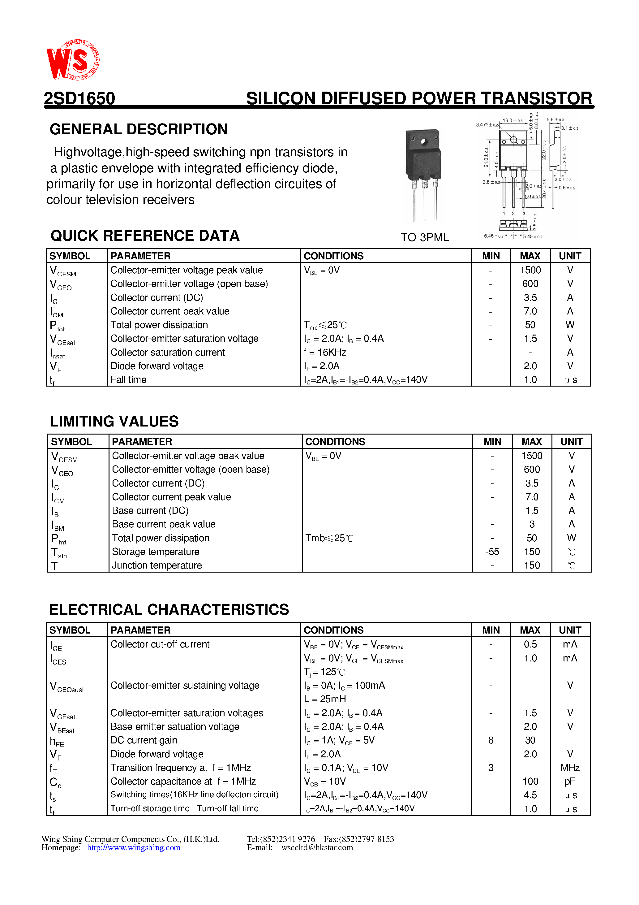 Datasheet 2SD1650 - SILICON DIFFUSED POWER TRANSISTOR(GENERAL DESCRIPTION) page 1