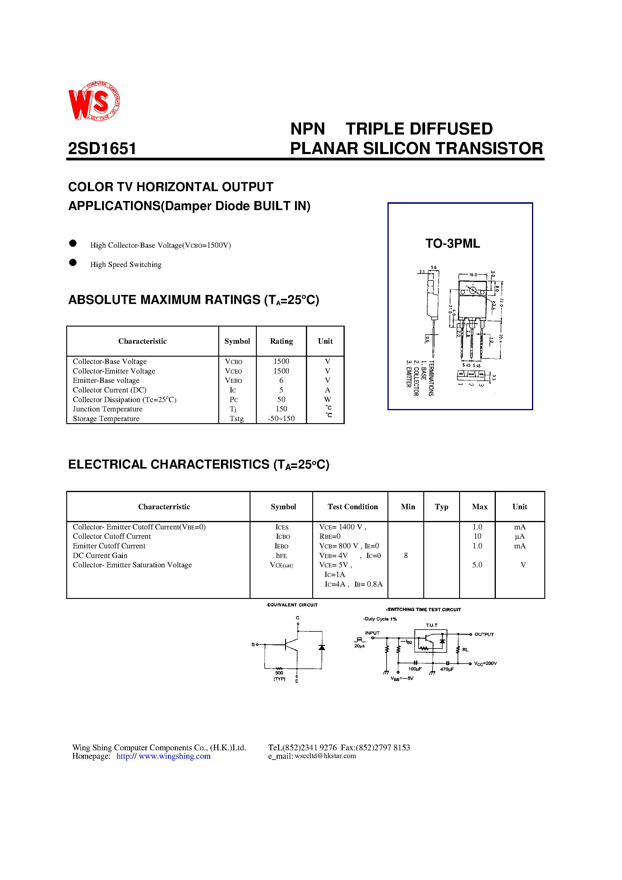 Datasheet 2SD1651 - NPN TRIPLE DIFFUSED(COLOR TV HORIZONTAL OUTPUT) page 1