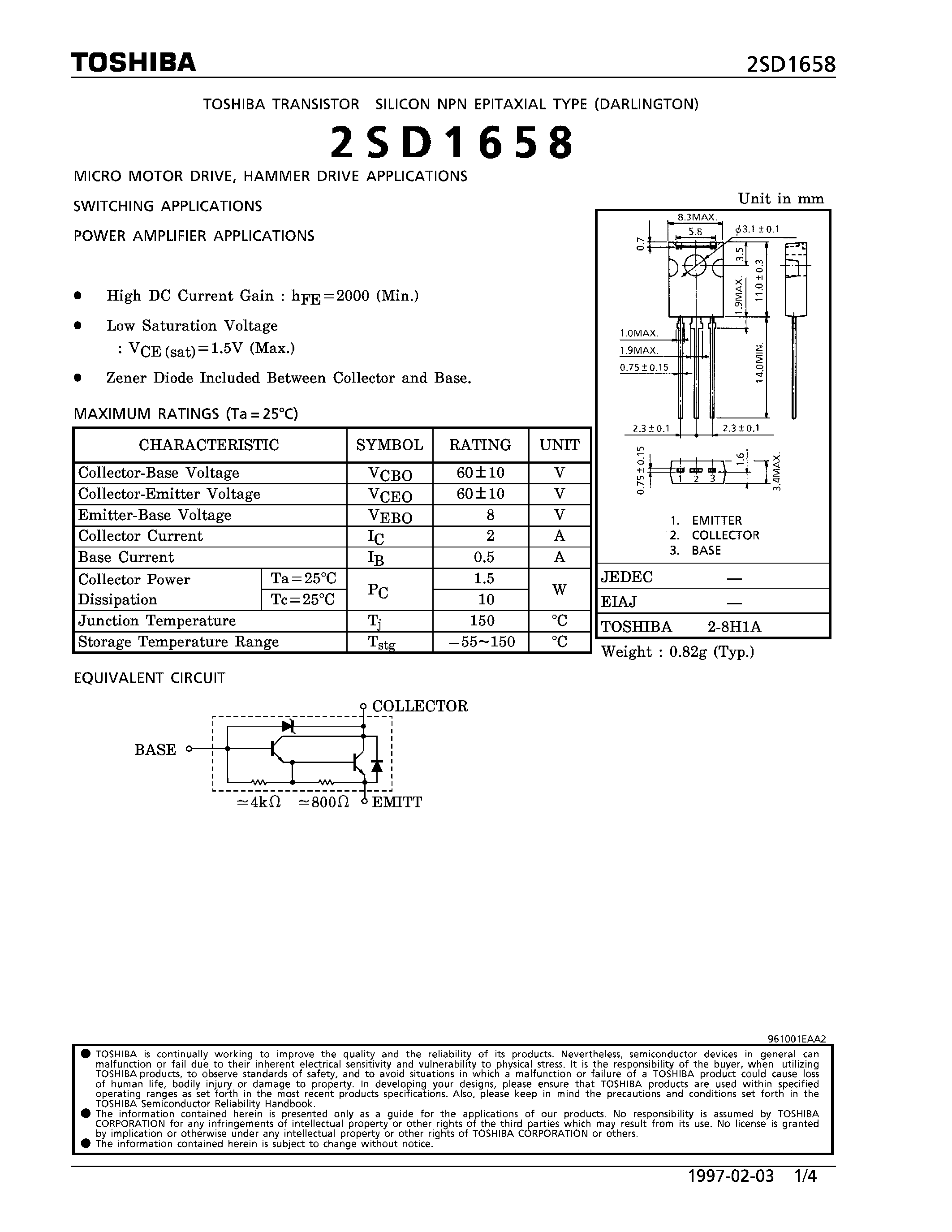 Datasheet 2SD1658 - NPN EPITAXIAL TYPE (MICRO MOTOR DRIVE/ HAMMER DRIVE/ SWITCHING/ POWER AMPLIFIER APPLICATIONS) page 1