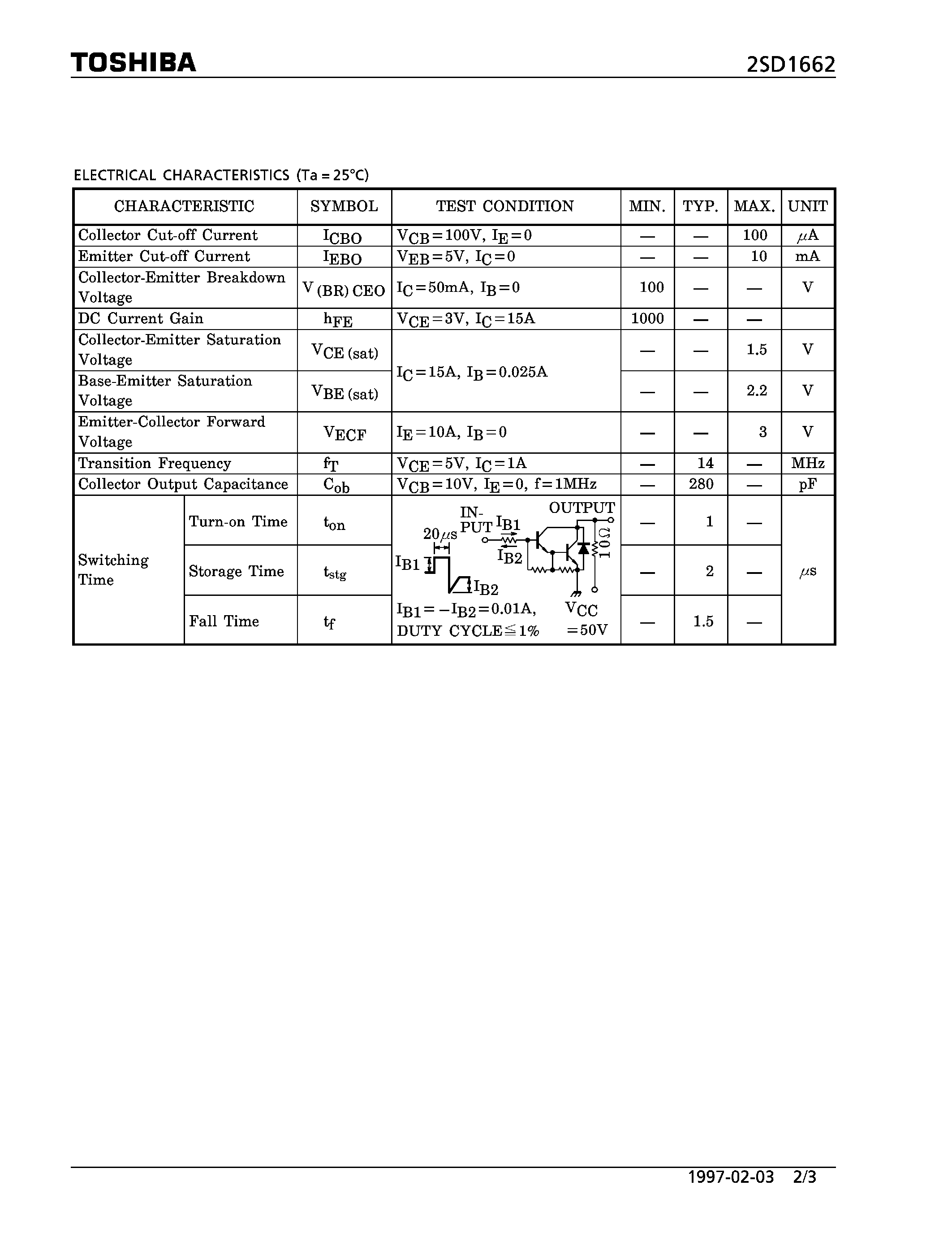 Datasheet 2SD1662 - NPN TRIPLE DIFFUSED TYPE (HIGH CURRENT SWITCHING APPLICATIONS) page 2