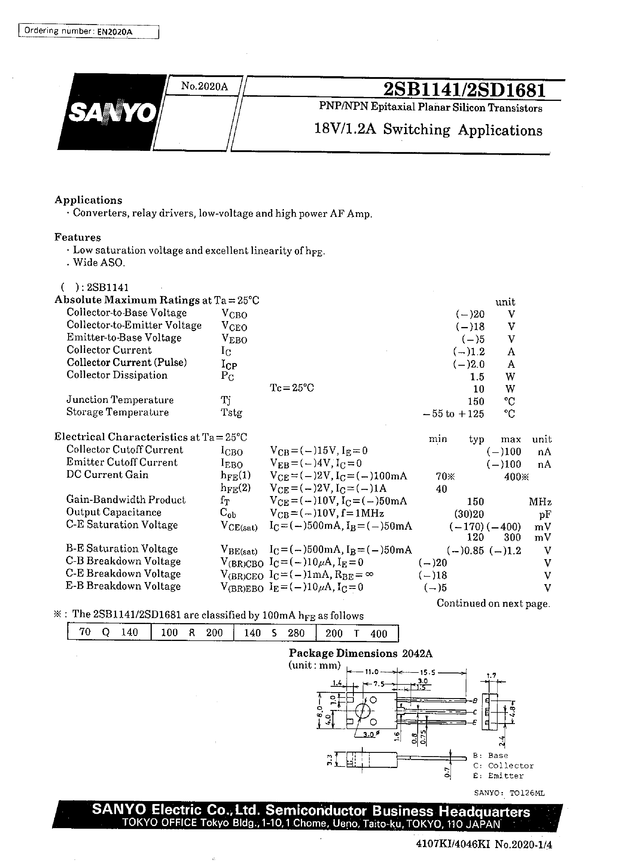 Datasheet 2SD1681 - 18V/1.2A Switching Applications page 1