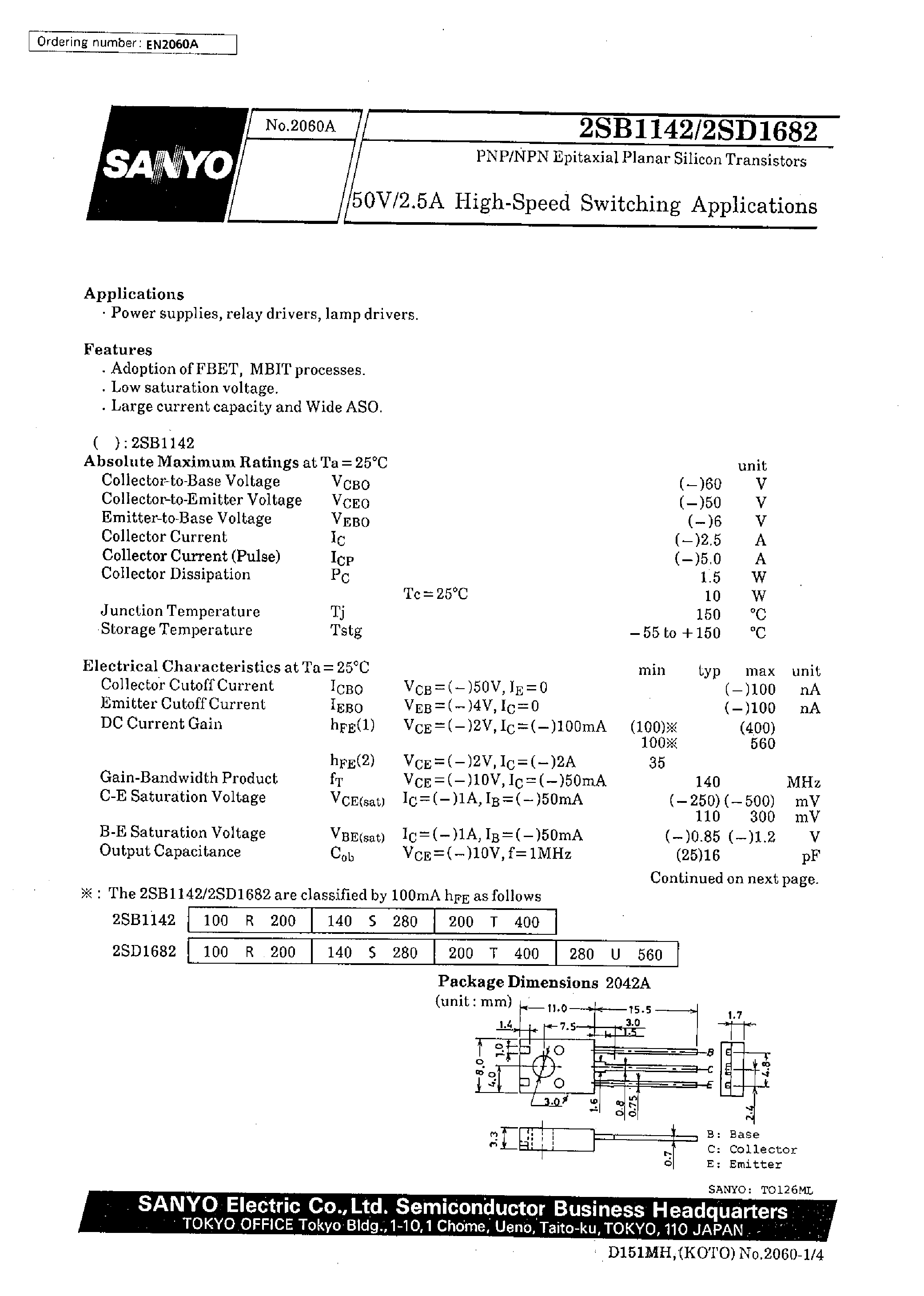 Datasheet 2SD1682 - 50V/2.5A High-Speed Switching Applications page 1