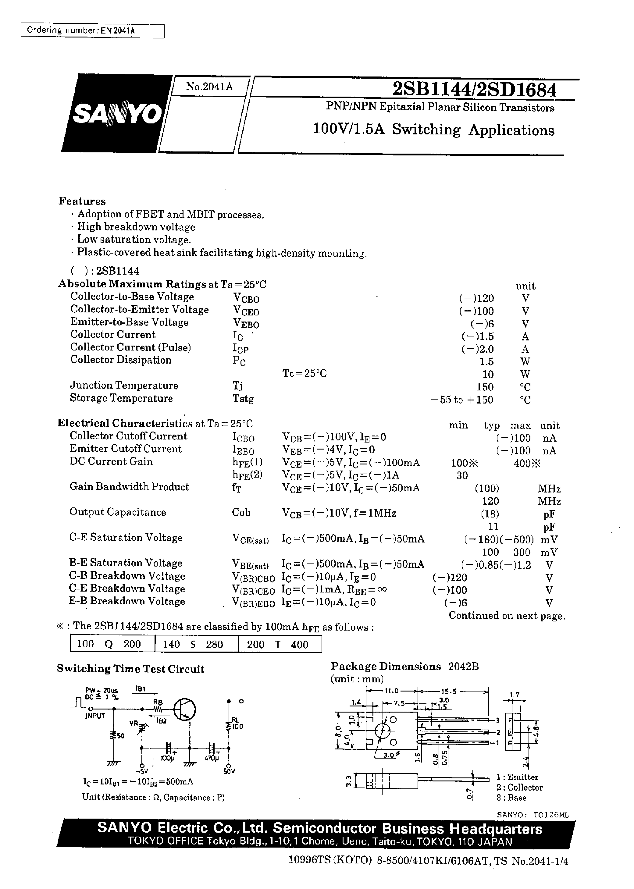 Datasheet 2Sd1684 - 100V/1.5A Switching Applications page 1