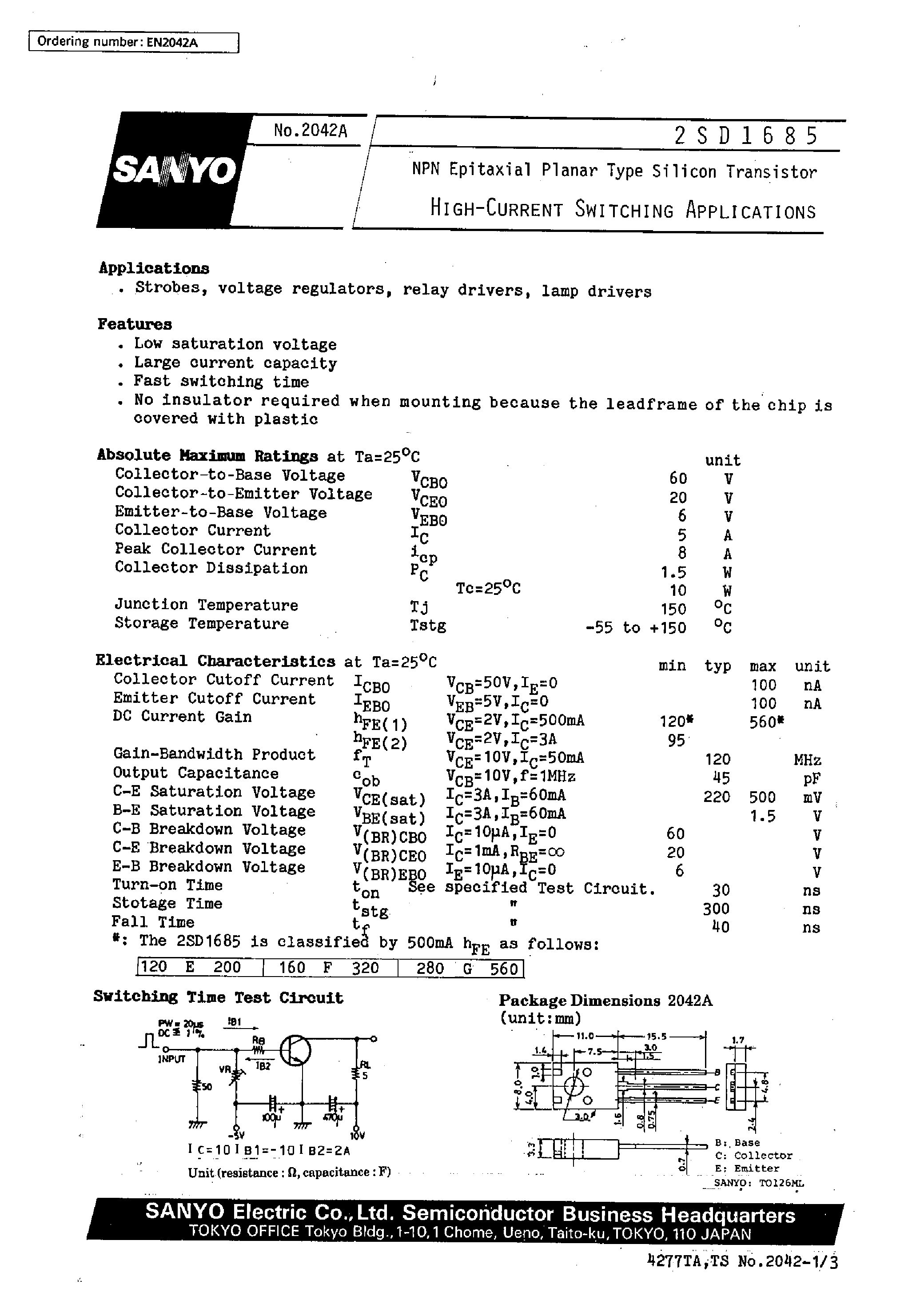 Datasheet 2SD1685 - High-Current Switching Applications page 1