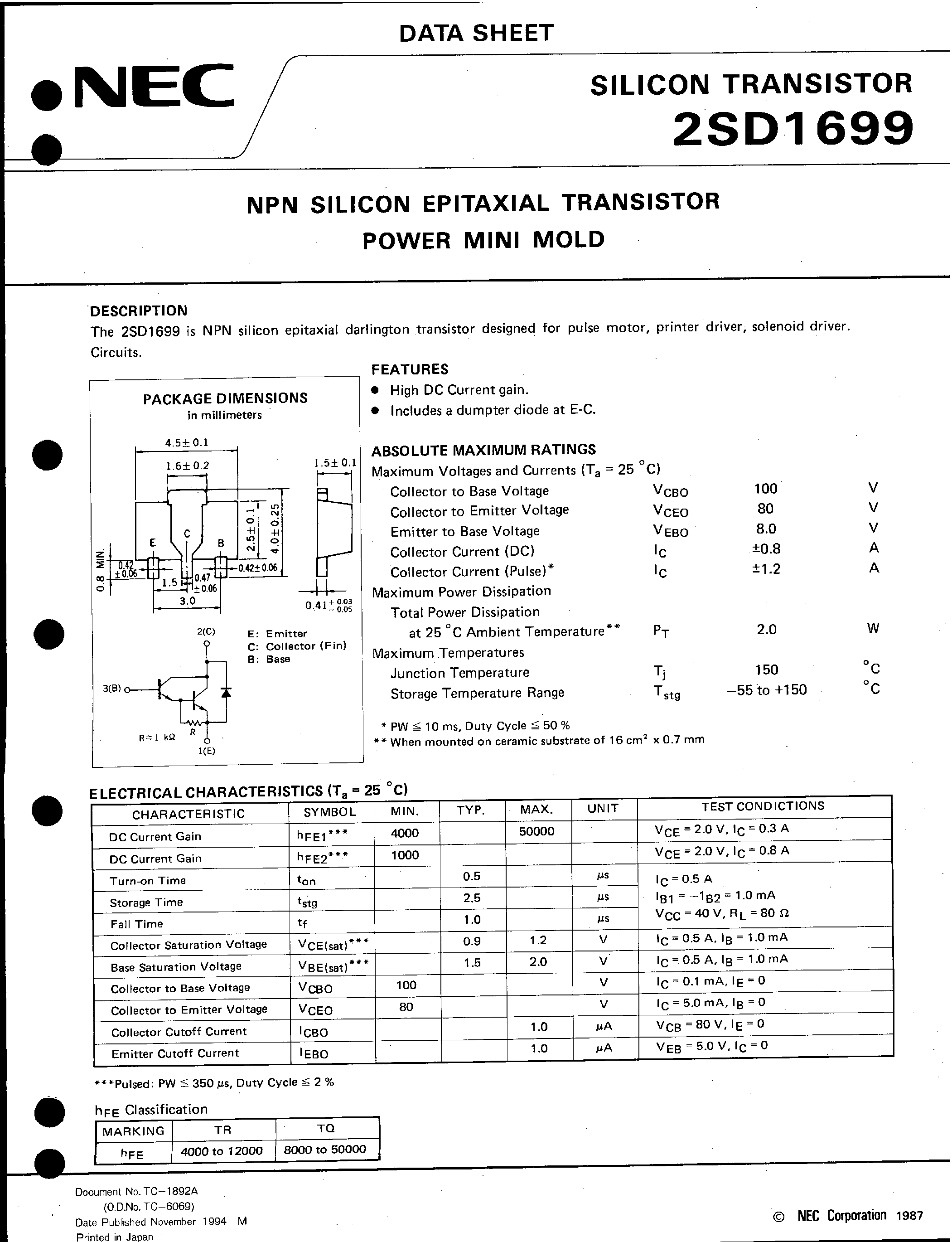 Datasheet 2SD1699 - NPN SILICON EPITAXIAL TRANSISTOR POWER MINI MOLD page 1