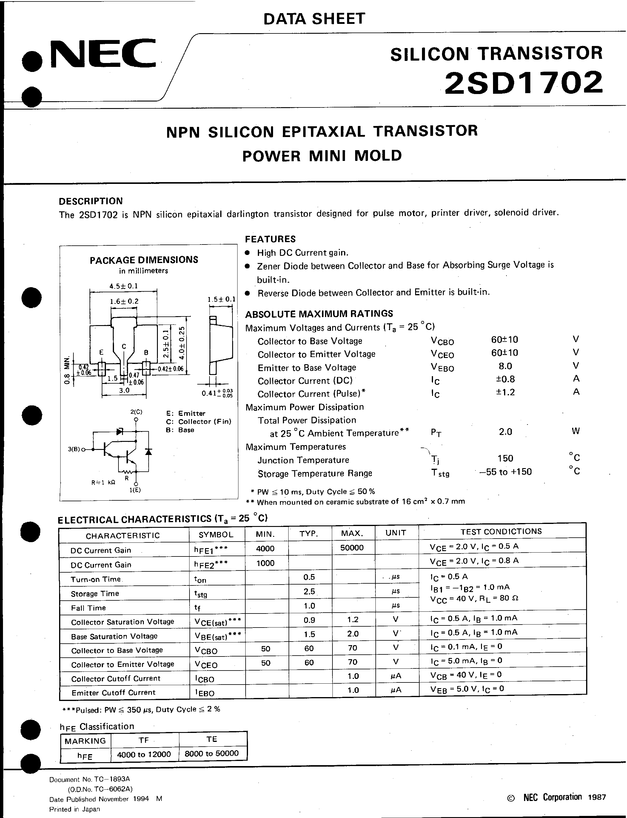 Datasheet 2SD1702 - NPN SILICON EPITAXIAL TRANSISTOR POWER MINI MOLD page 1