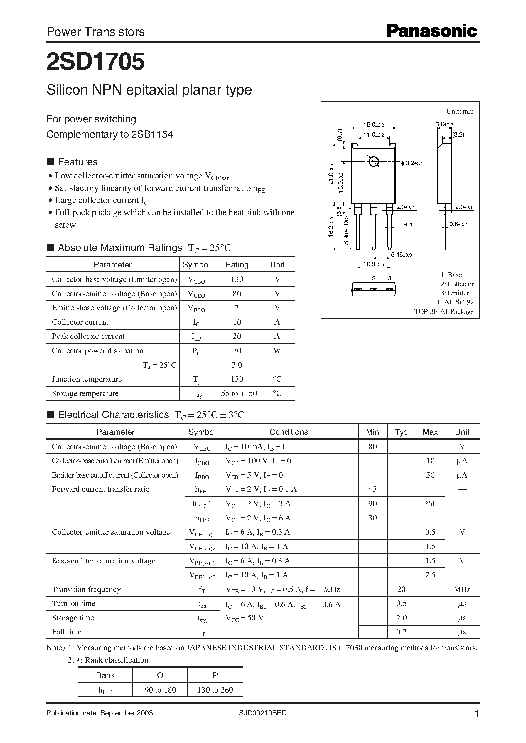 Datasheet 2SD1705 - Silicon NPN epitaxial planar type page 1