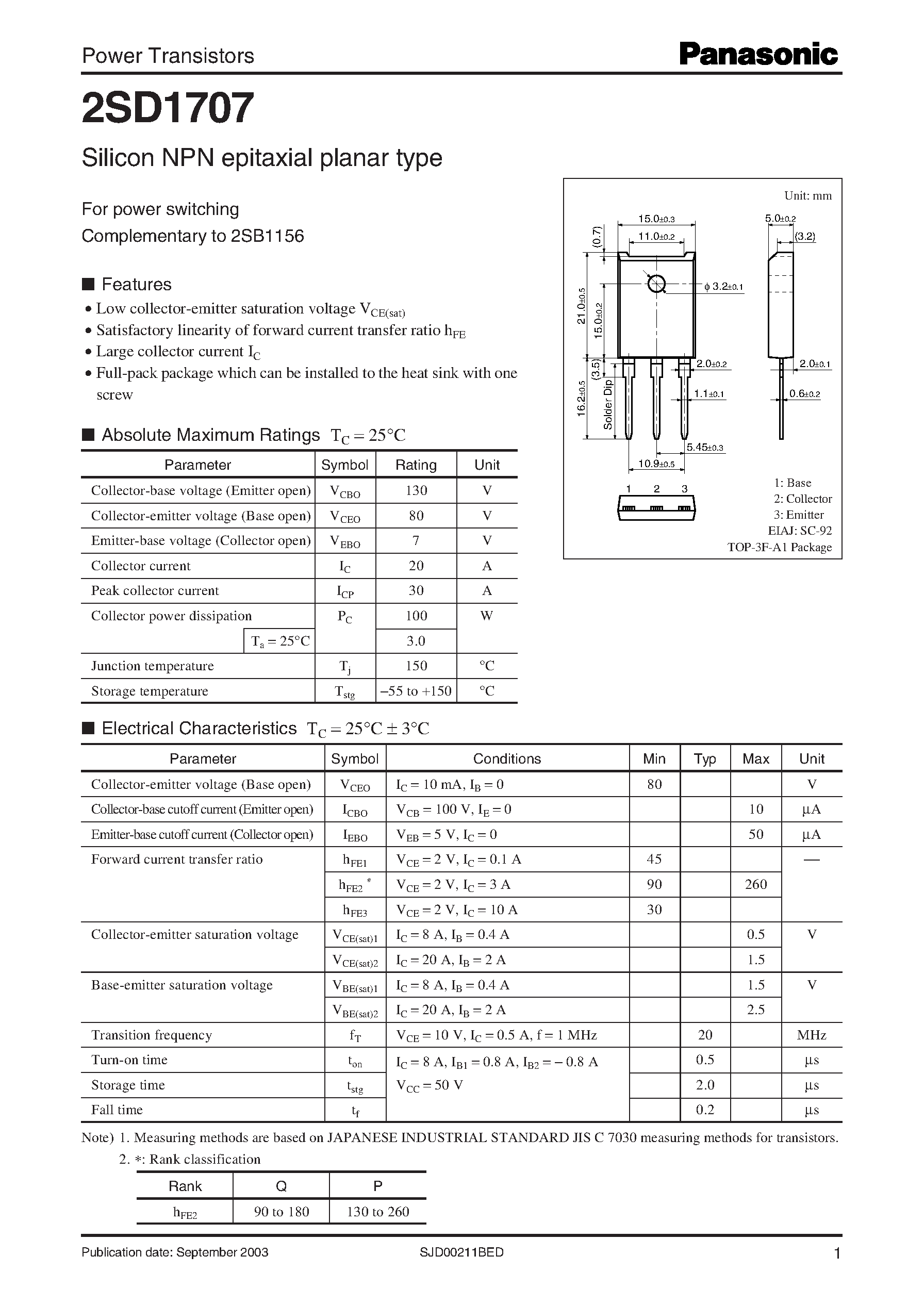 Datasheet 2SD1707 - Silicon NPN epitaxial planar type page 1