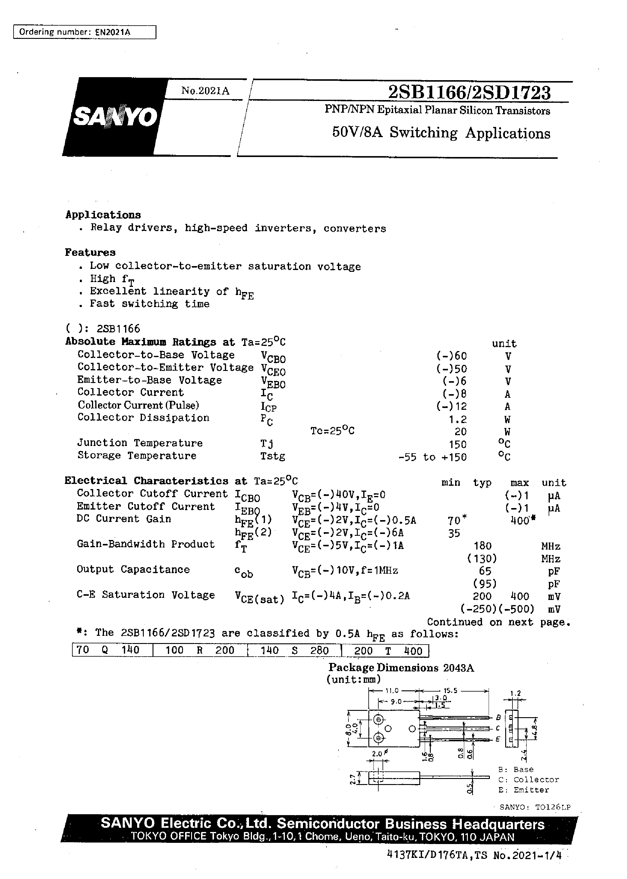 Datasheet 2SD1723 - 50V/8A Switching Applications page 1