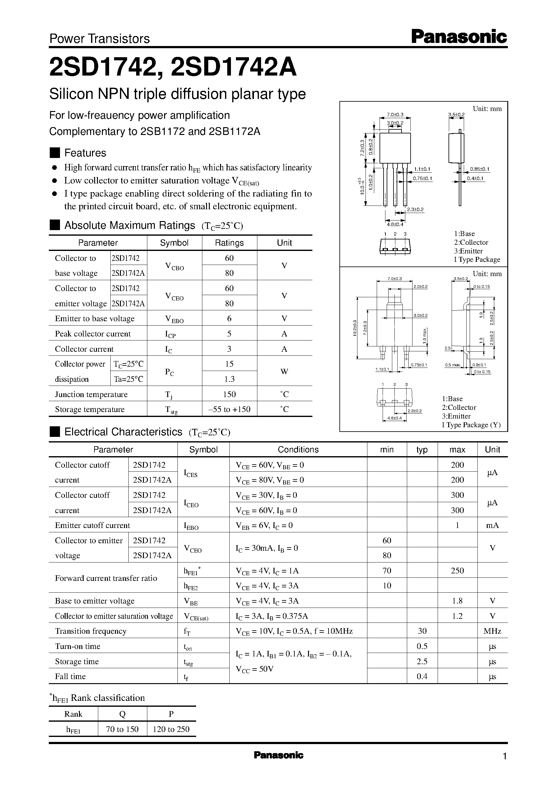 Datasheet 2SD1742A - Silicon NPN triple diffusion planar type page 1