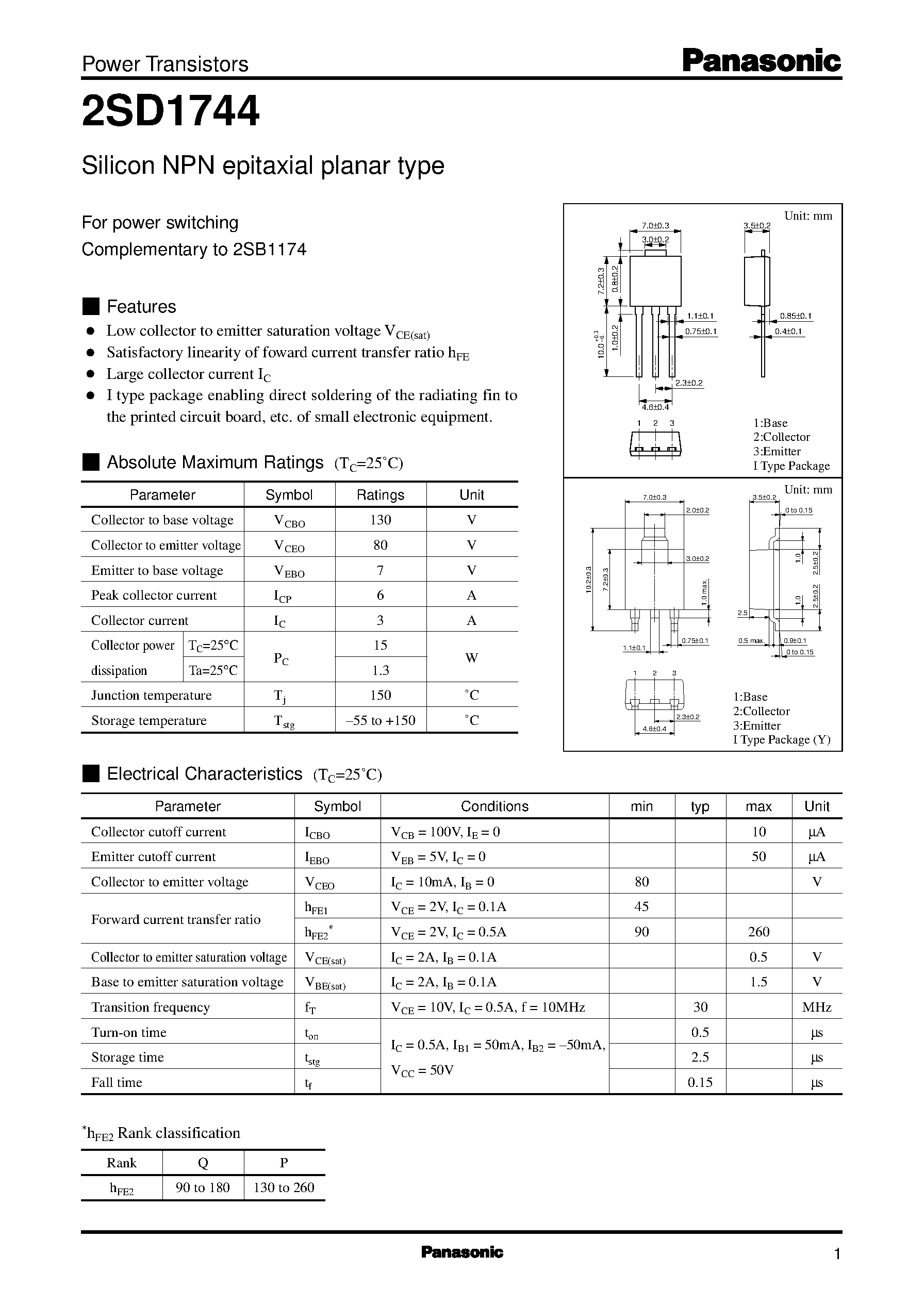 Datasheet 2SD1744 - Silicon NPN epitaxial planar type page 1