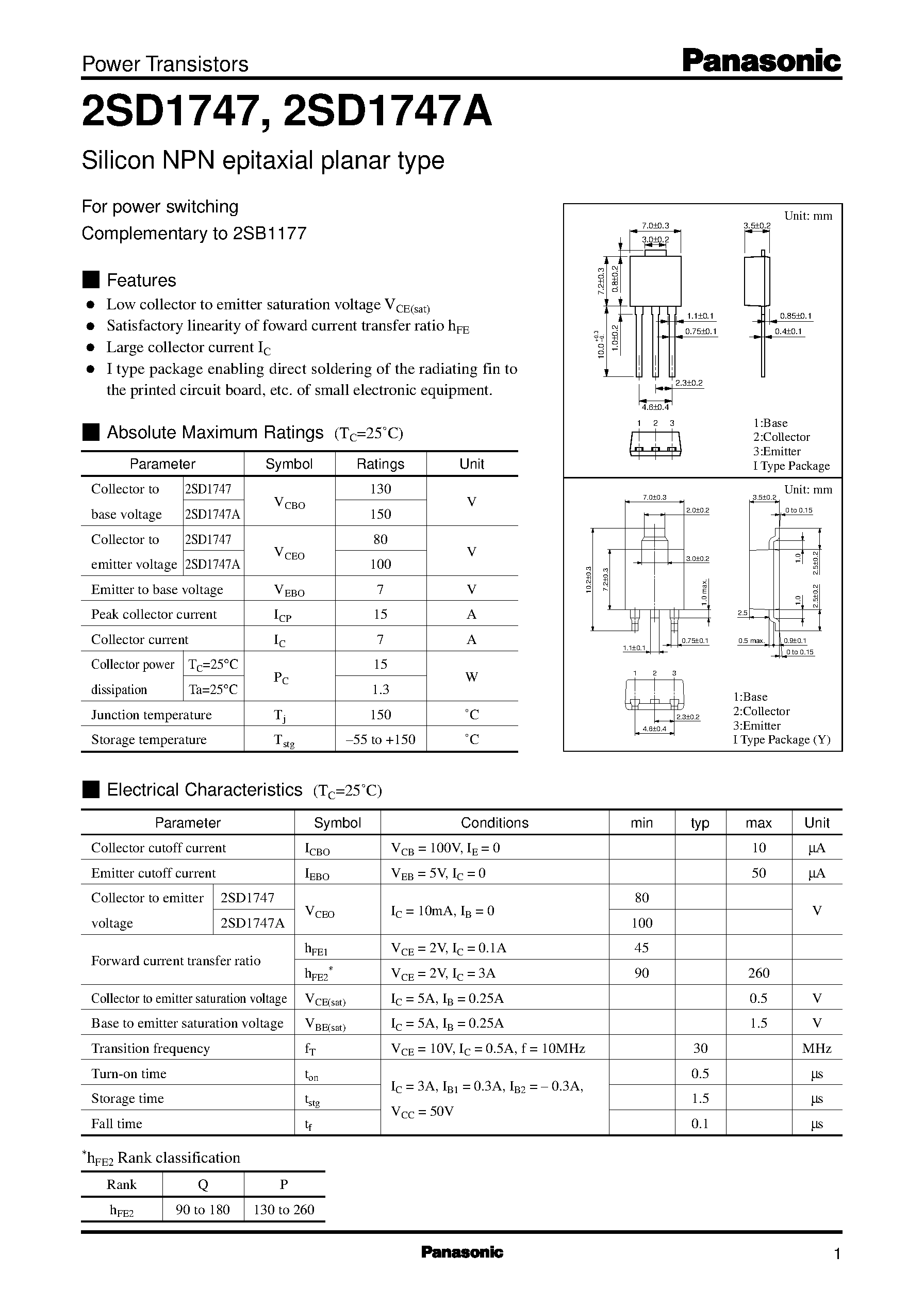 Datasheet 2SD1747 - Silicon NPN epitaxial planar type page 1