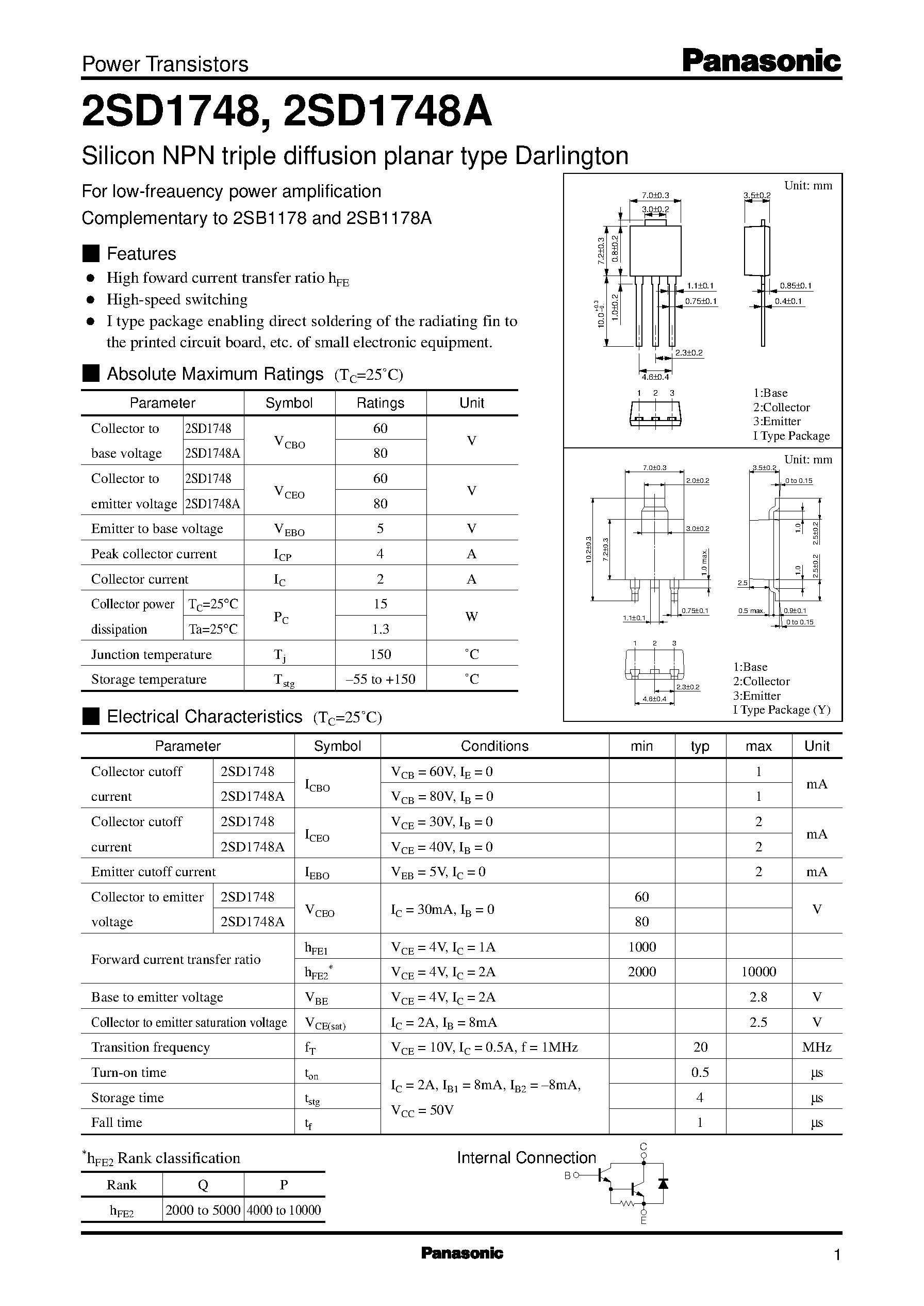 Datasheet 2SD1748 - Silicon NPN triple diffusion planar type Darlington page 1