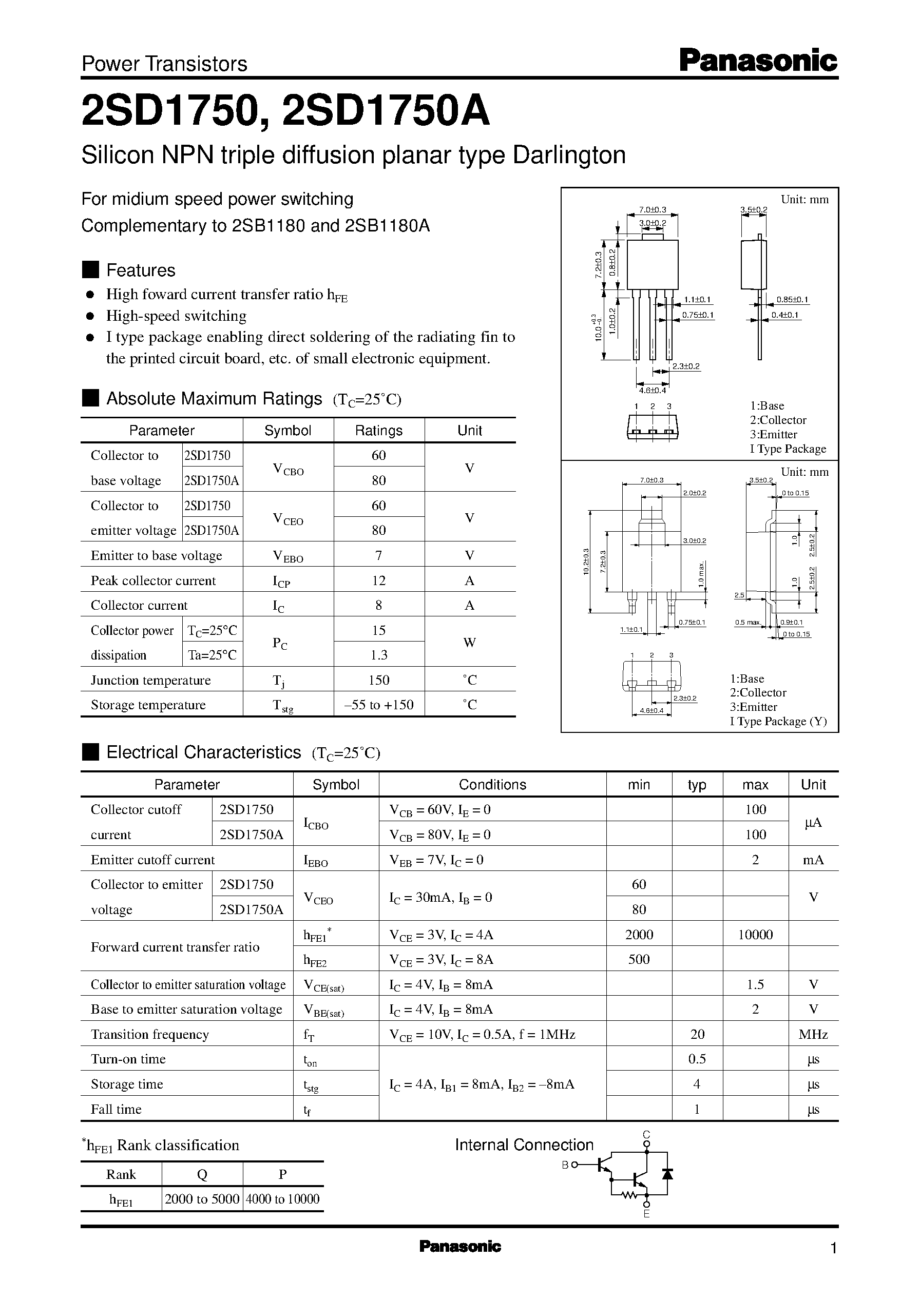 Datasheet 2SD1750 - Silicon NPN triple diffusion planar type Darlington page 1