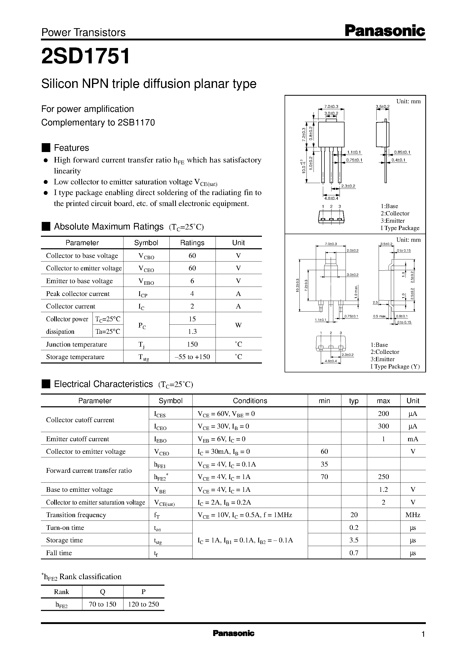 Datasheet 2SD1751 - Silicon NPN triple diffusion planar type(For power amplification) page 1