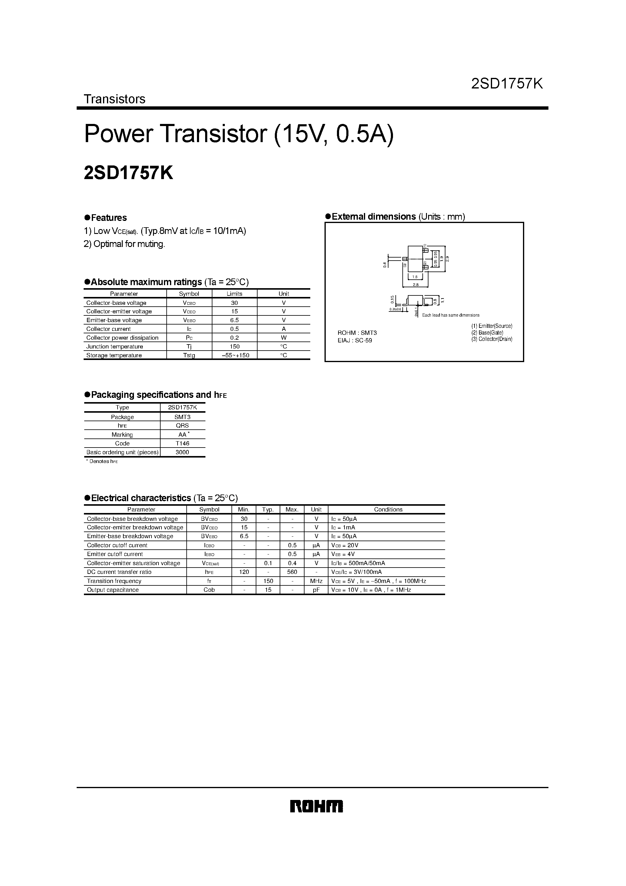 Datasheet 2SD1757K - Power Transistor (15V/ 0.5A) page 1