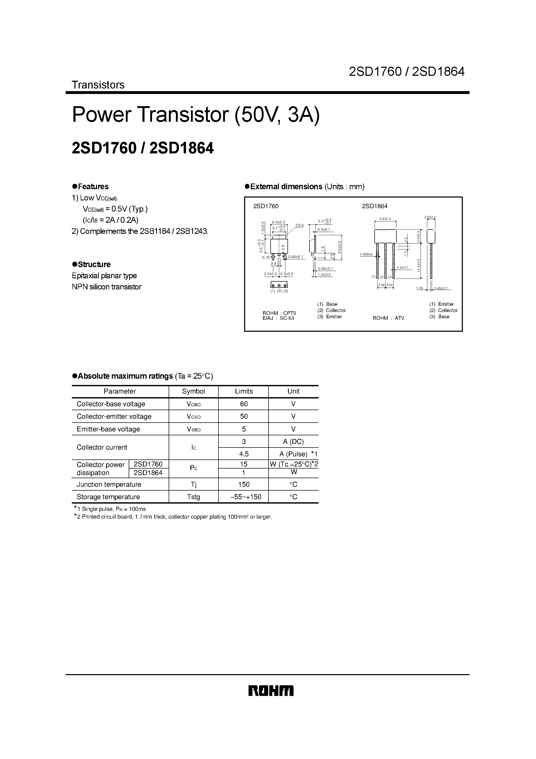 Datasheet 2SD1760 - Power Transistor (50V/ 3A) page 1