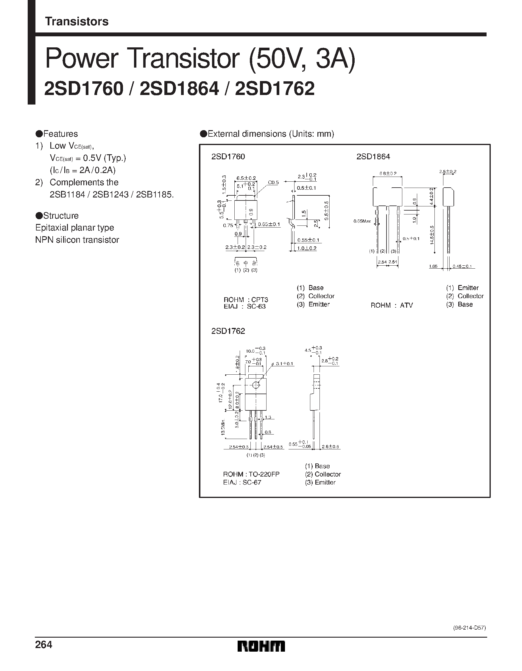 Datasheet 2SD1762 page 1 Datasheet 2SD1762 - Power Transistor (50V/ 3A) page 1