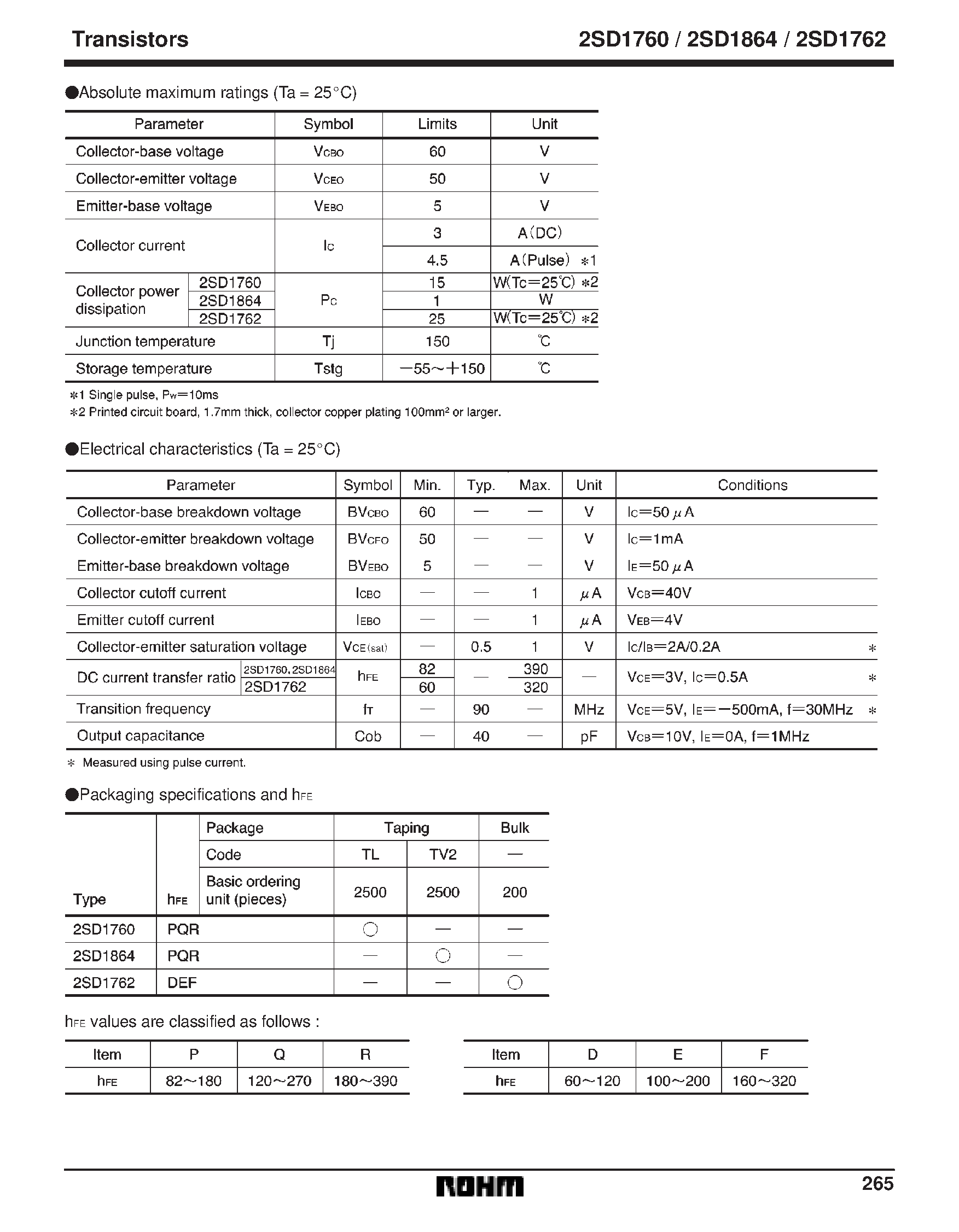 Datasheet 2SD1762 page 2 Datasheet 2SD1762 - Power Transistor (50V/ 3A) page 2