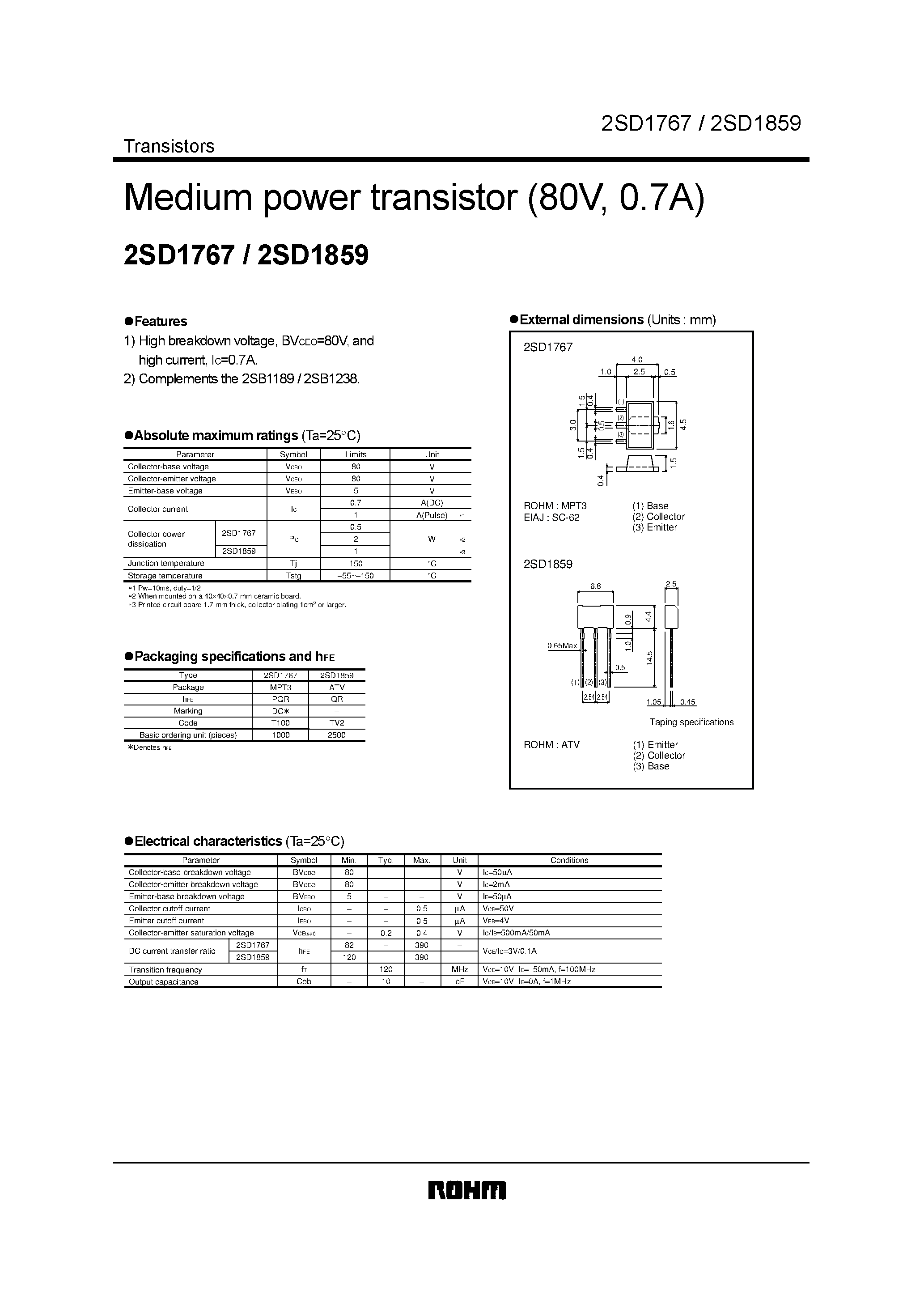Datasheet 2SD1767 - Medium power transistor (80V/ 0.7A) page 1