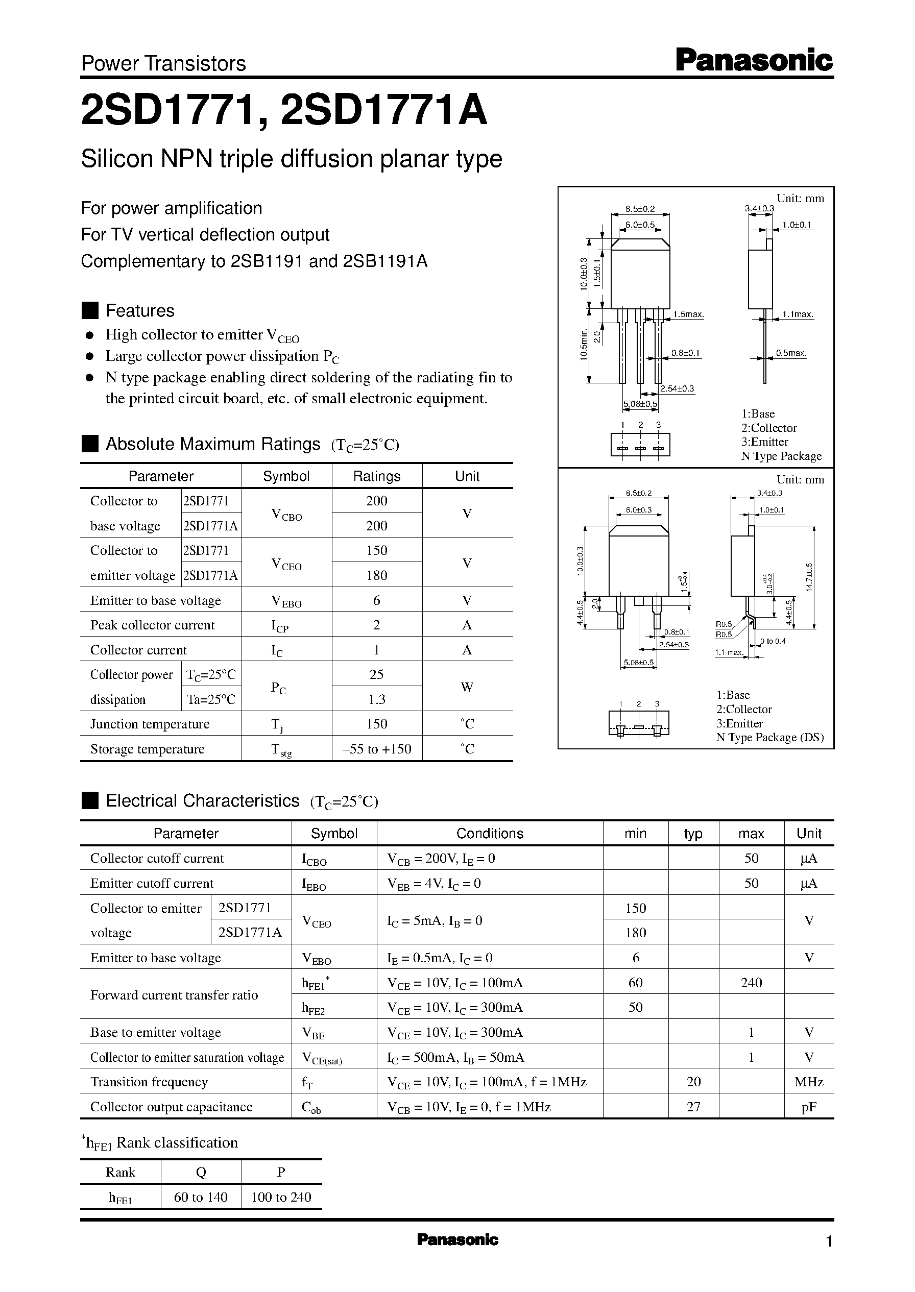 Datasheet 2SD1771A - Silicon NPN triple diffusion planar type page 1