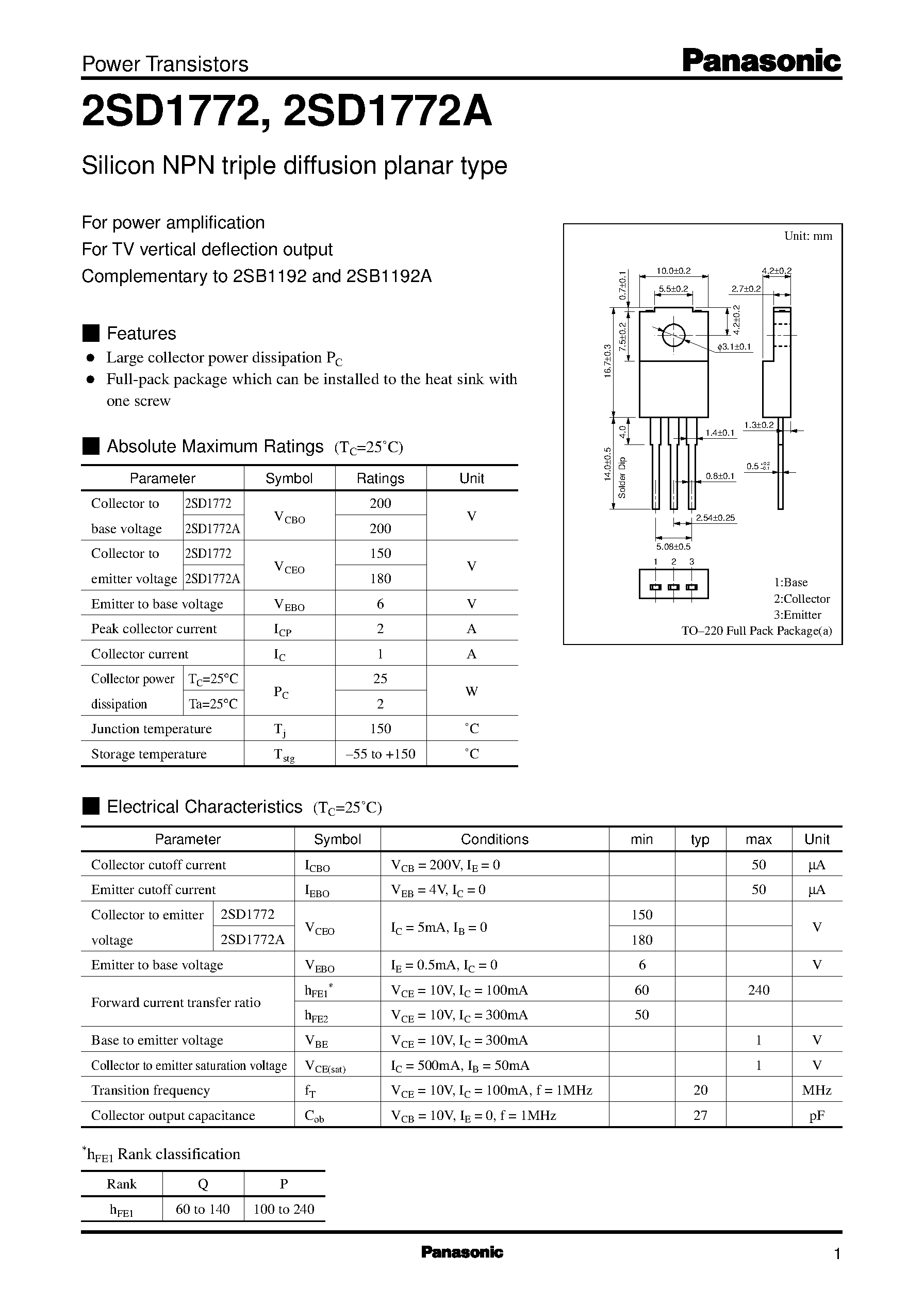 Datasheet 2SD1772 - Silicon NPN triple diffusion planar type page 1