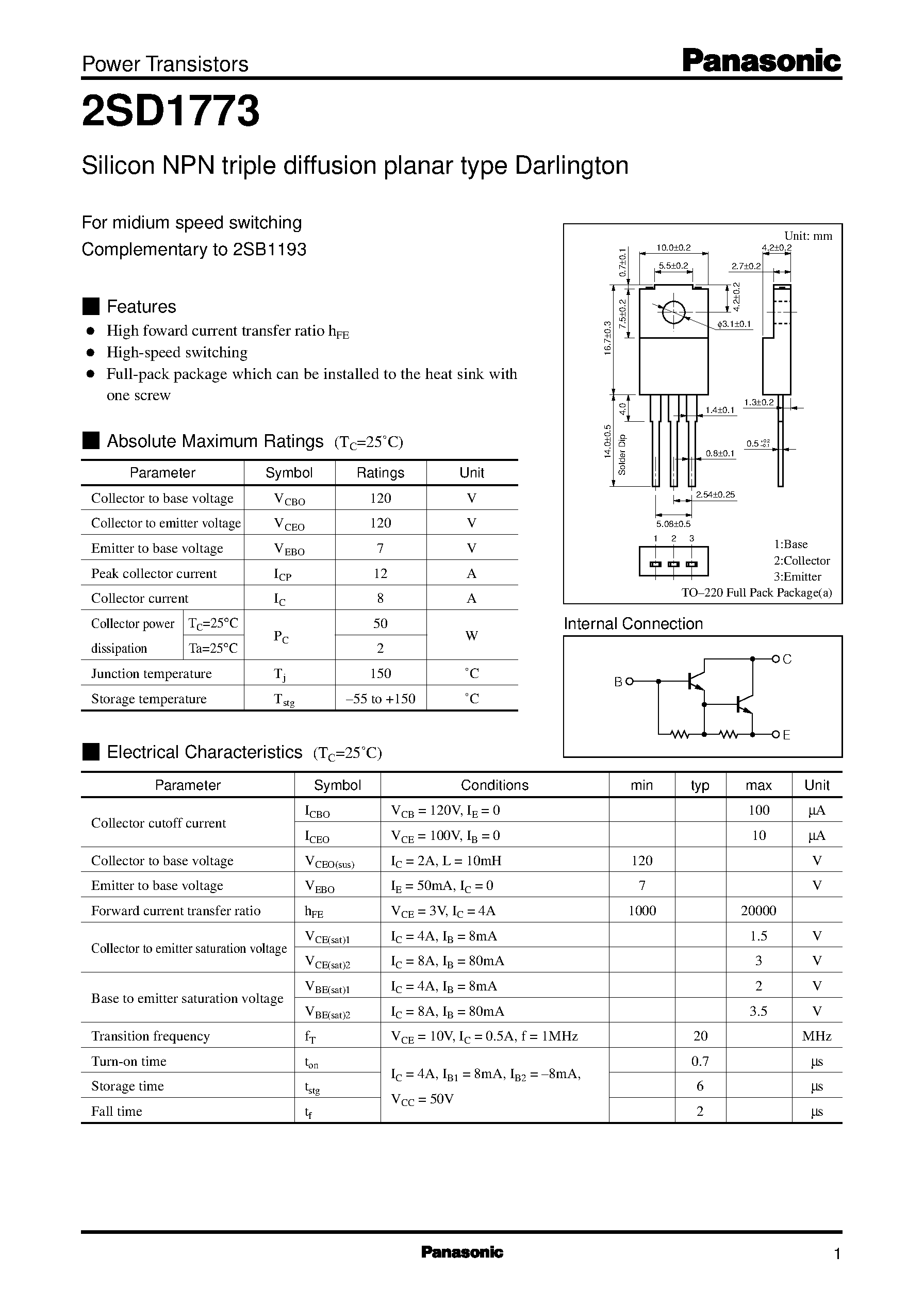 Даташит на микросхему 2SD1773 страница 1 Даташит 2SD1773 - Silicon NPN triple diffusion planar type Darlington(For midium speed switching) страница 1