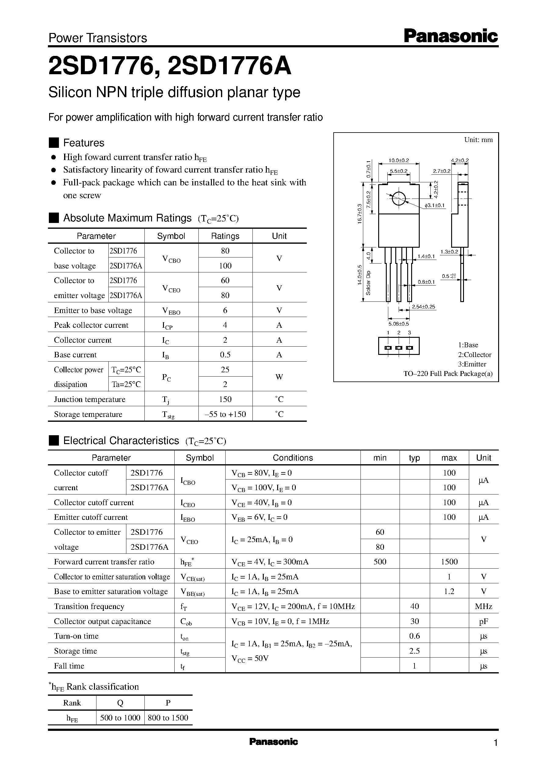 Datasheet 2SD1776A page 1 Datasheet 2SD1776A - Silicon NPN triple diffusion planar type(For power amplification with high forward current transfer ratio) page 1