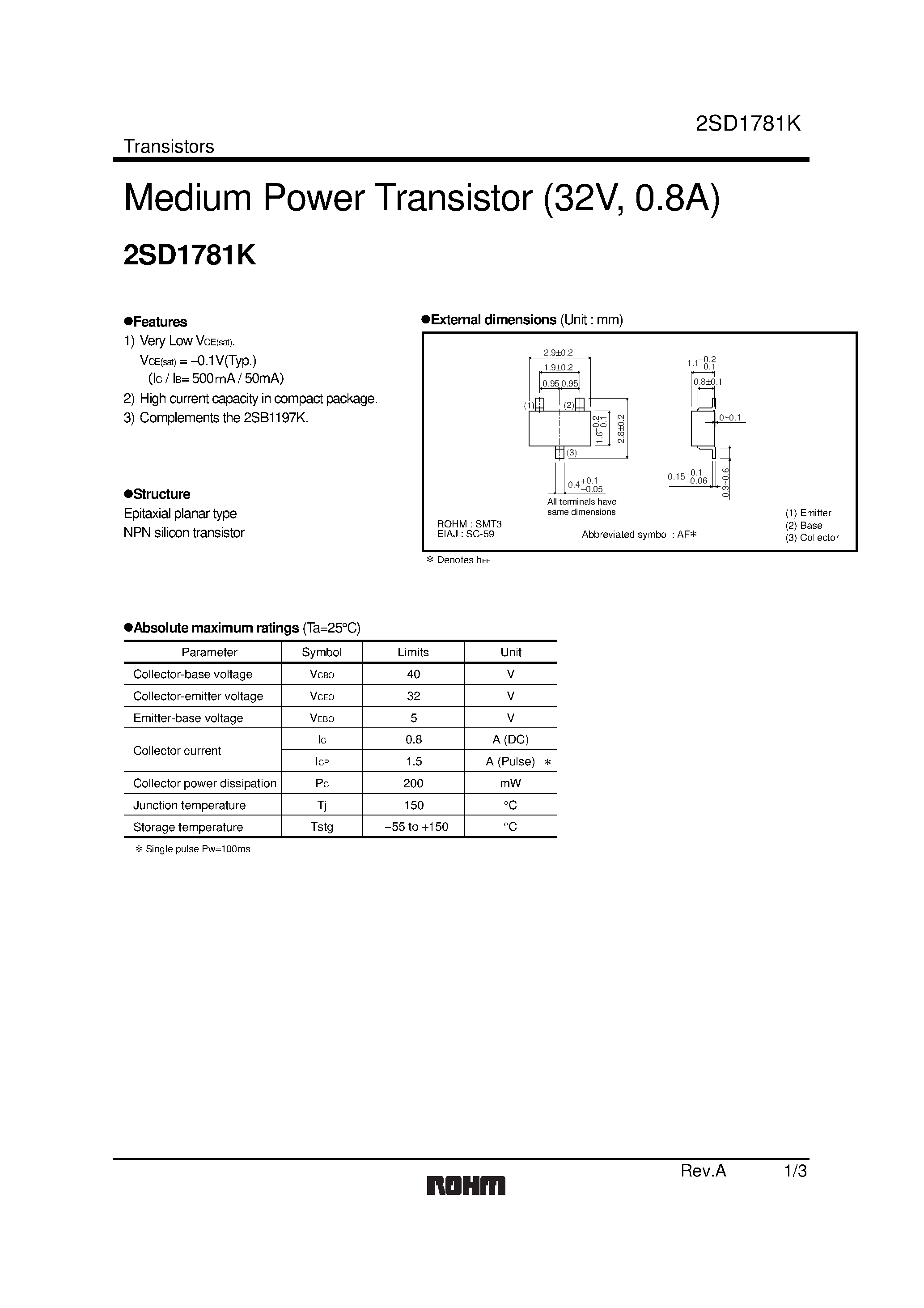 Datasheet 2SD1781K - Medium Power Transistor (32V/ 0.8A) page 1