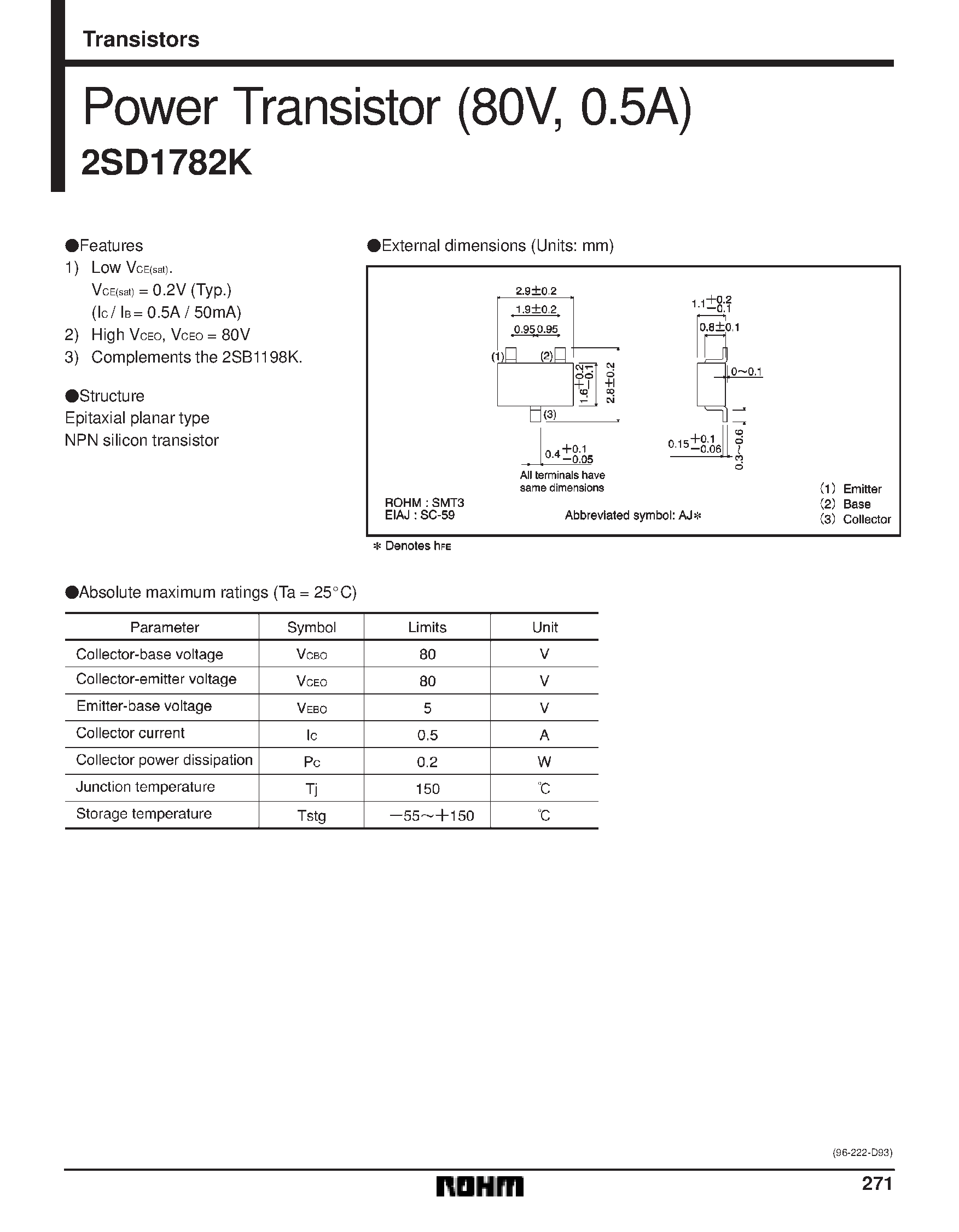 Datasheet 2SD1782K - Power Transistor (80V/ 0.5A) page 1