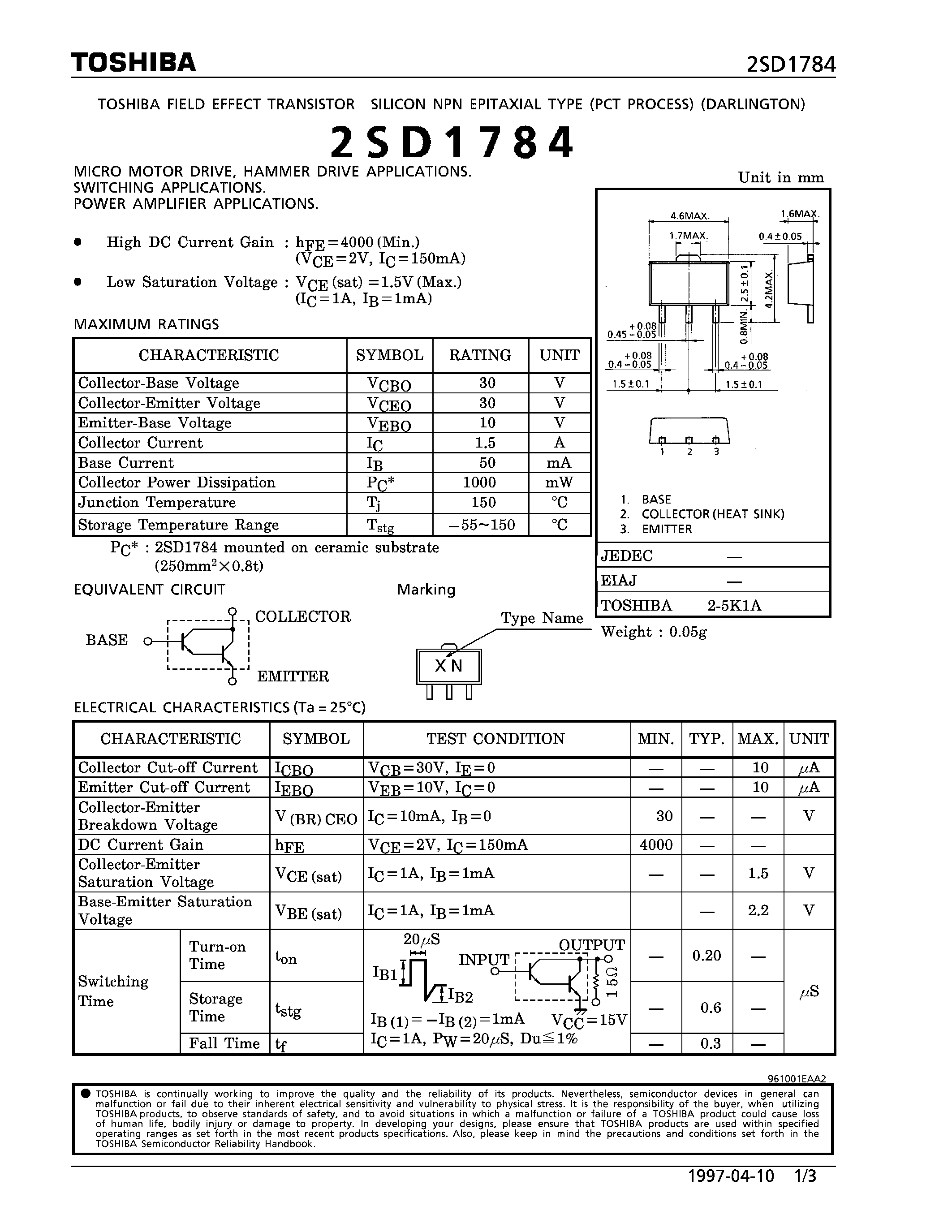 Datasheet 2SD1784 - NPN EPITAXIAL TYPE (MICRO MOTOR DRIVE/ HAMMER DRIVE/ SWITCHING/ POWER AMPLIFIER APPLICATIONS) page 1